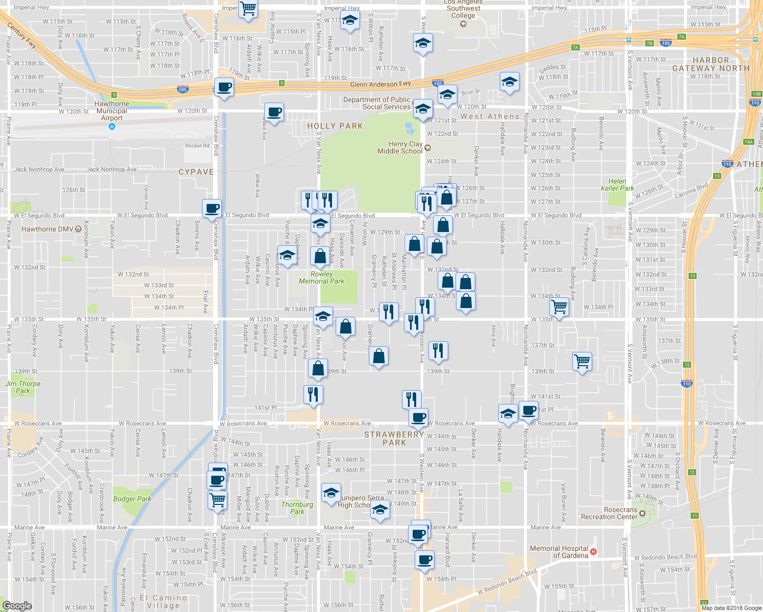 map of restaurants, bars, coffee shops, grocery stores, and more near 13331 Ruthelen Street in Gardena
