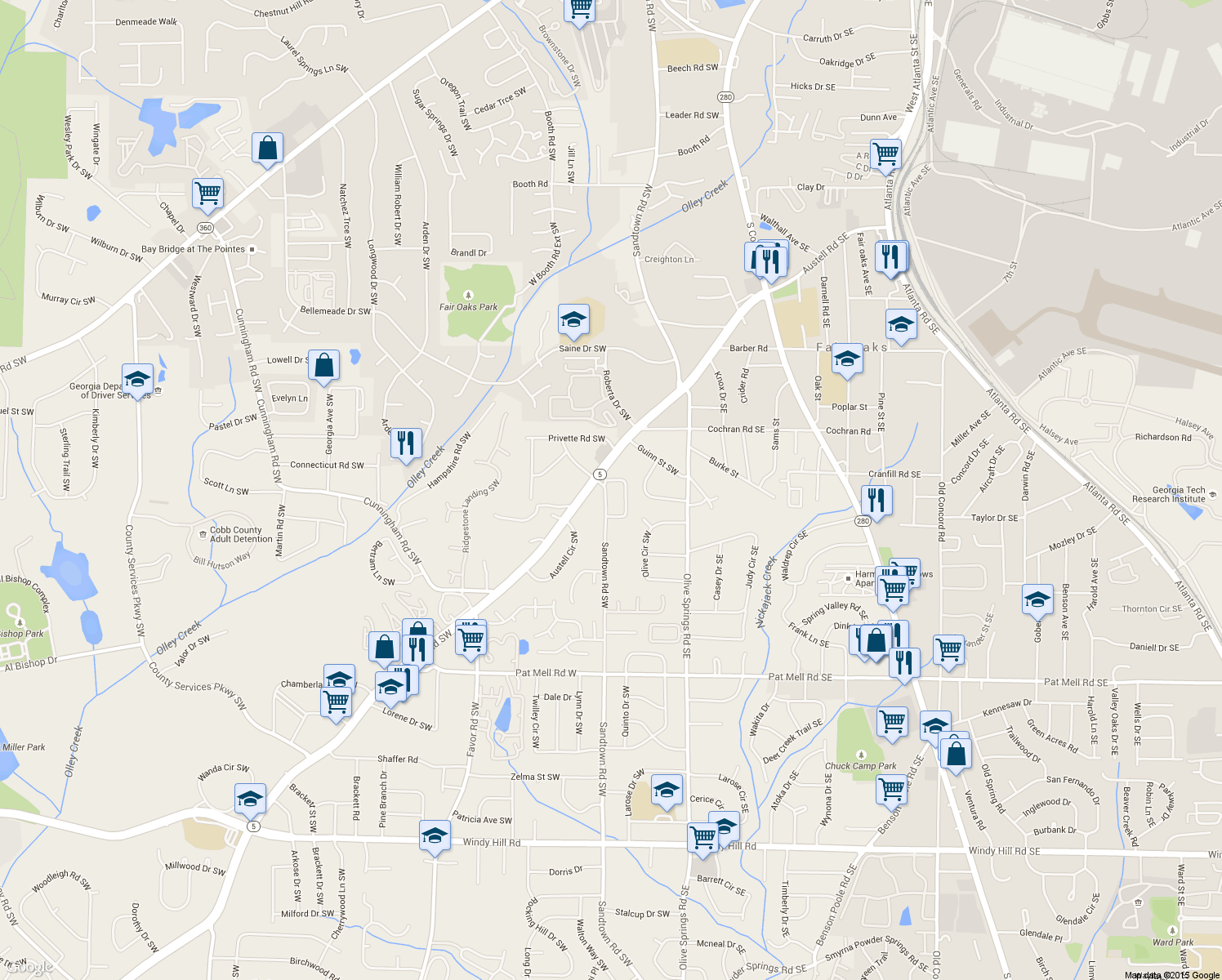 map of restaurants, bars, coffee shops, grocery stores, and more near 1763 Sandtown Road Southwest in Marietta