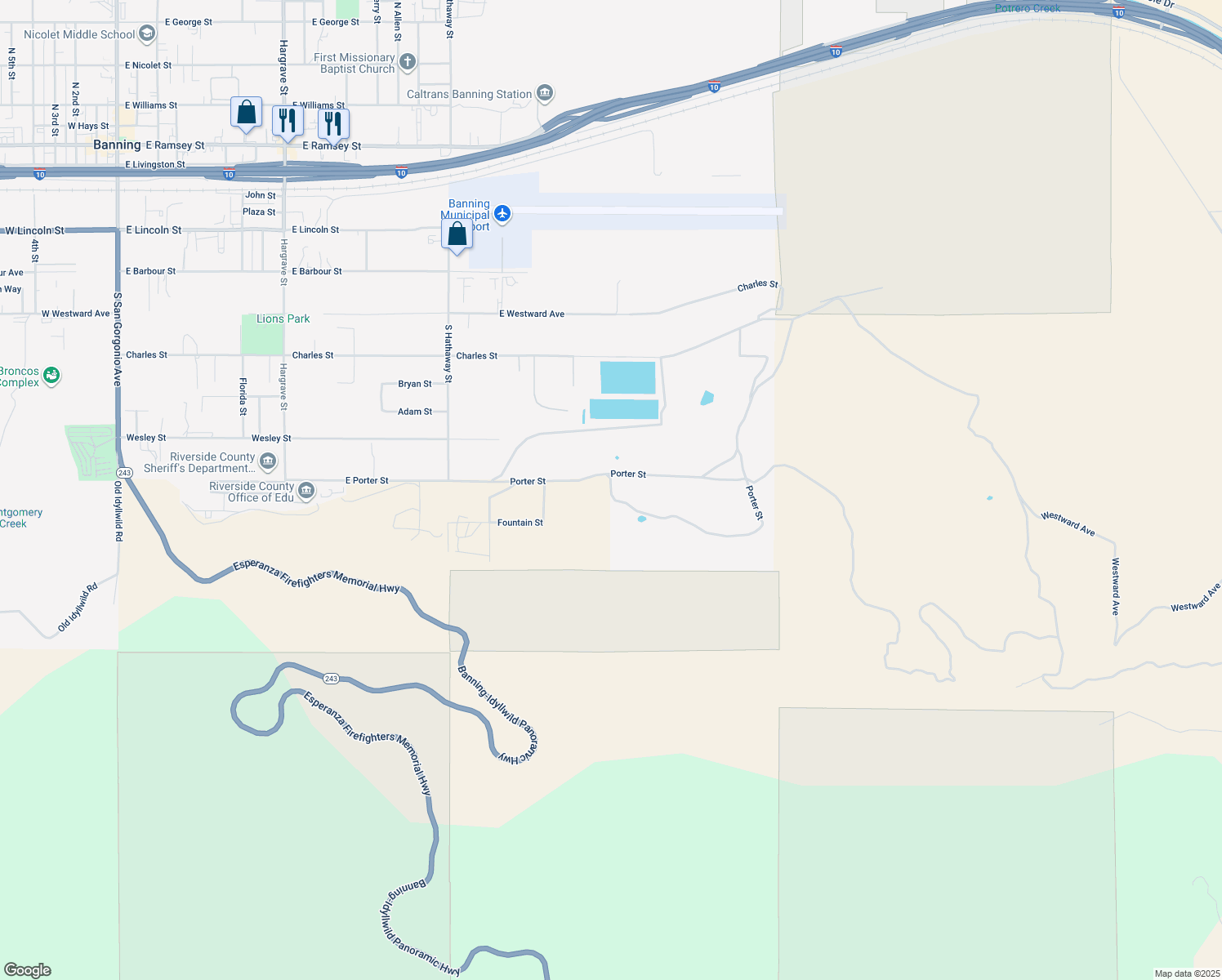 map of restaurants, bars, coffee shops, grocery stores, and more near Porter Street in Banning