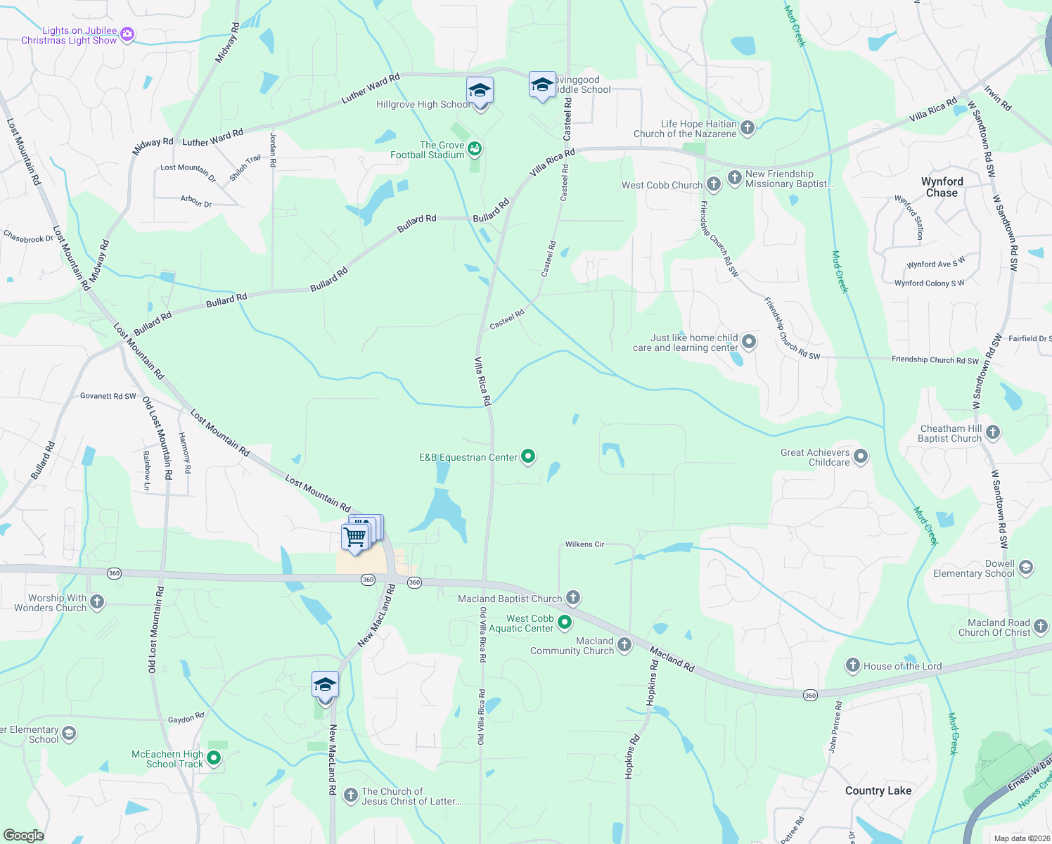 map of restaurants, bars, coffee shops, grocery stores, and more near 1801 Villa Rica Rd in Powder Springs