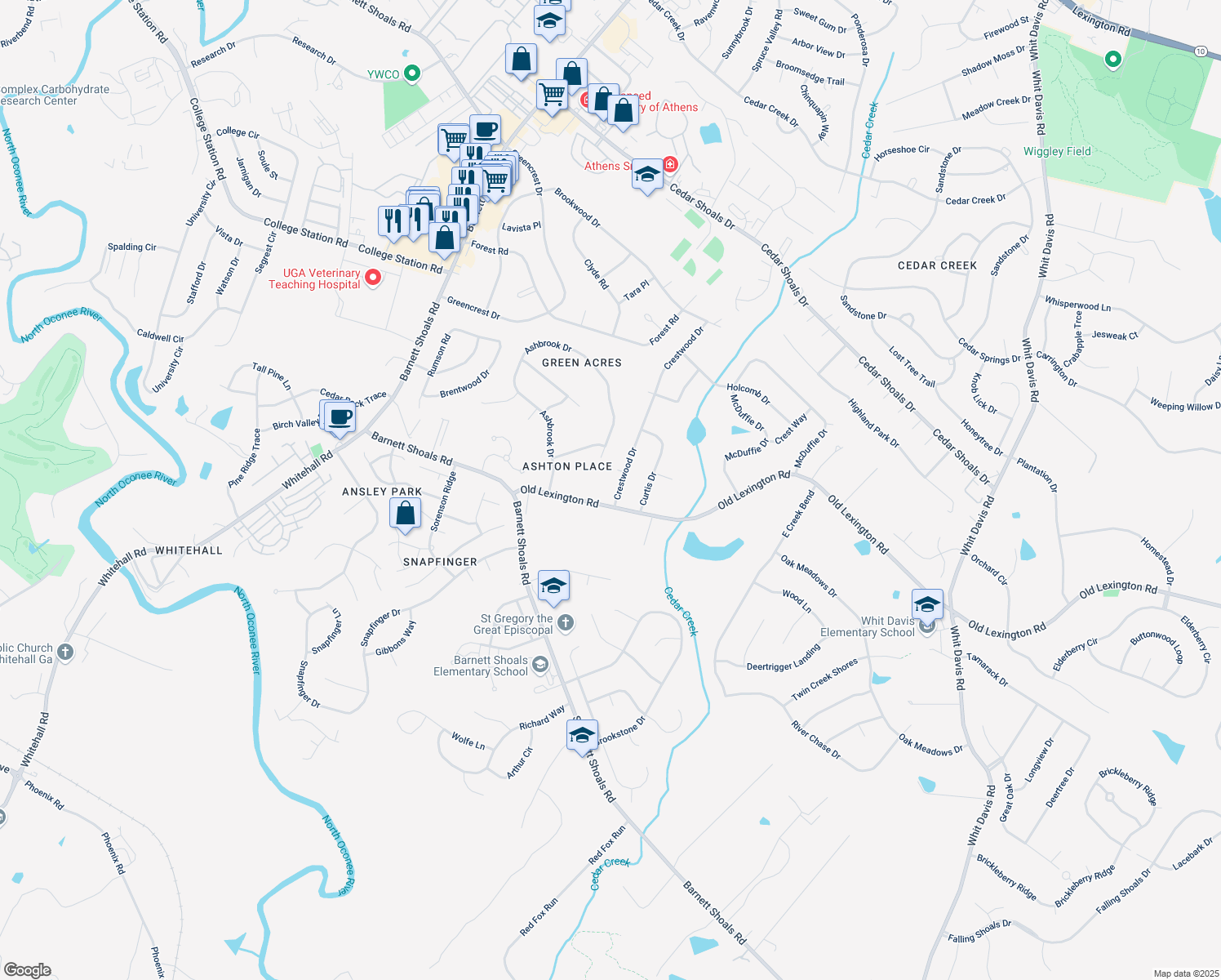 map of restaurants, bars, coffee shops, grocery stores, and more near 480 Crestwood Drive in Athens