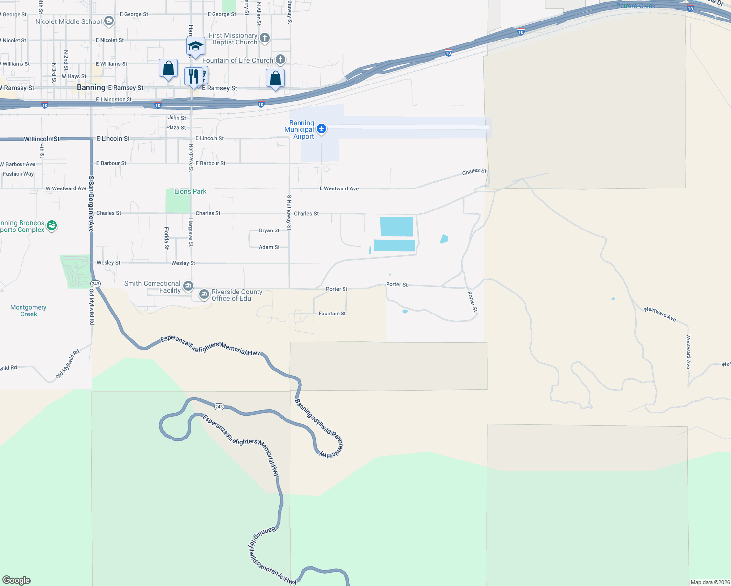 map of restaurants, bars, coffee shops, grocery stores, and more near 46221 Porter Street in Banning