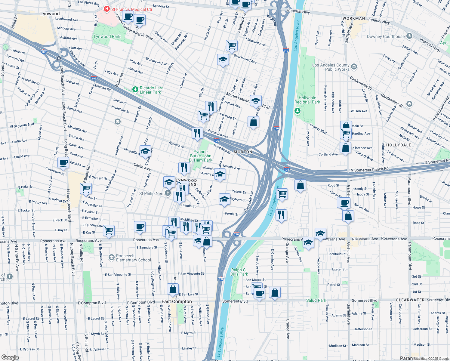 map of restaurants, bars, coffee shops, grocery stores, and more near 5279 Clark Street in Lynwood
