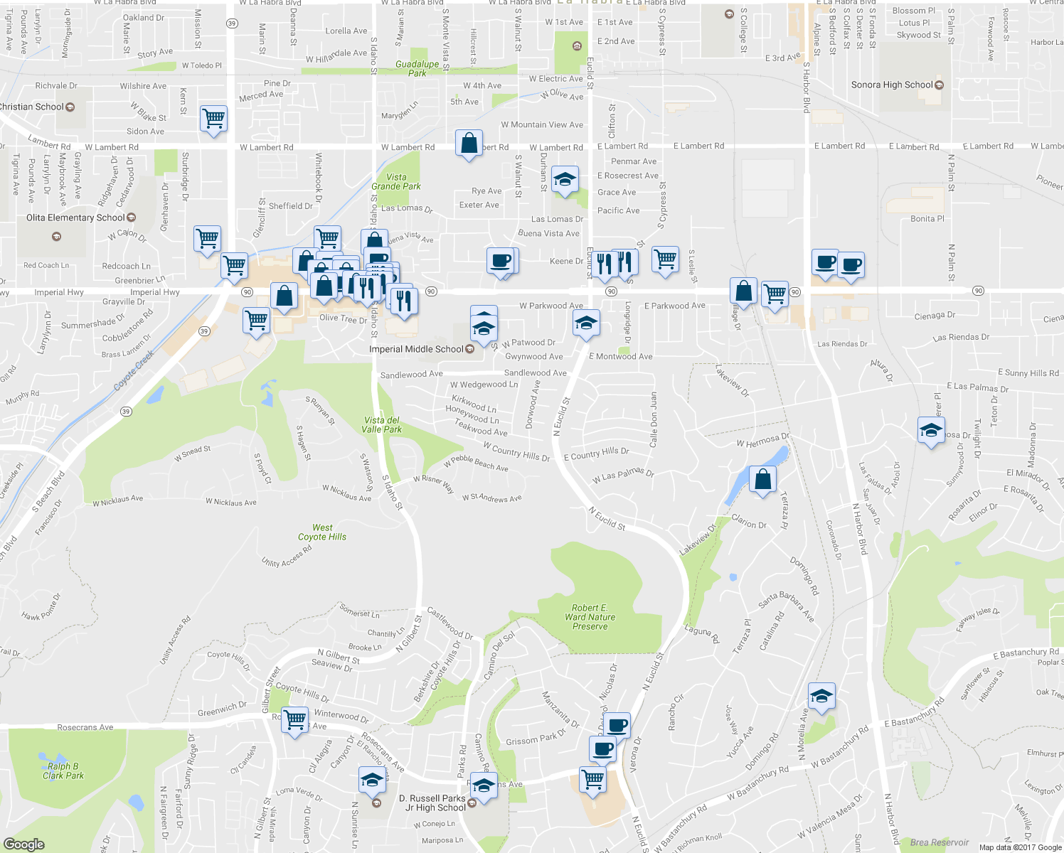 map of restaurants, bars, coffee shops, grocery stores, and more near 350 Latchwood Lane in La Habra
