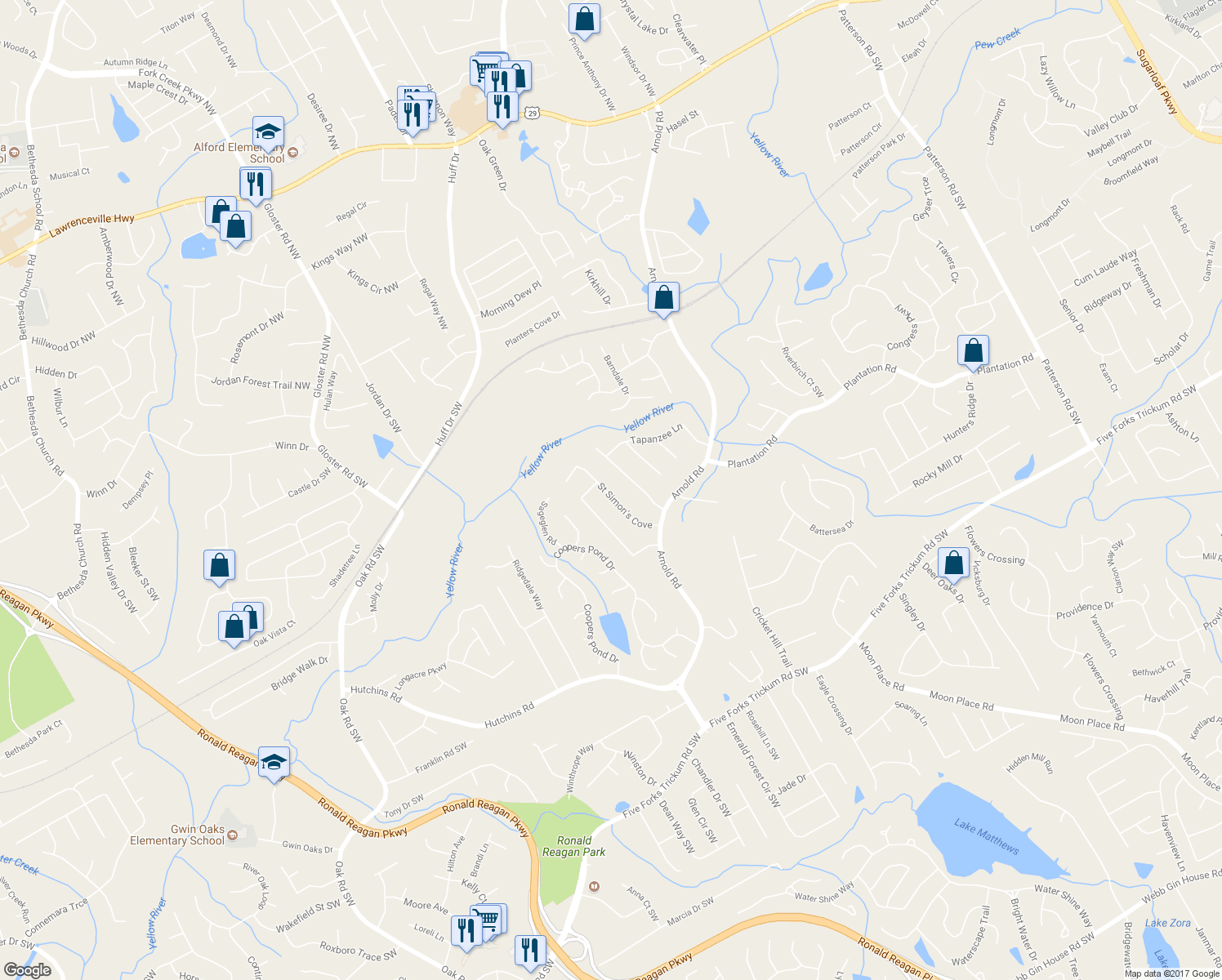 map of restaurants, bars, coffee shops, grocery stores, and more near 360 Saint Simon's Cove in Lawrenceville