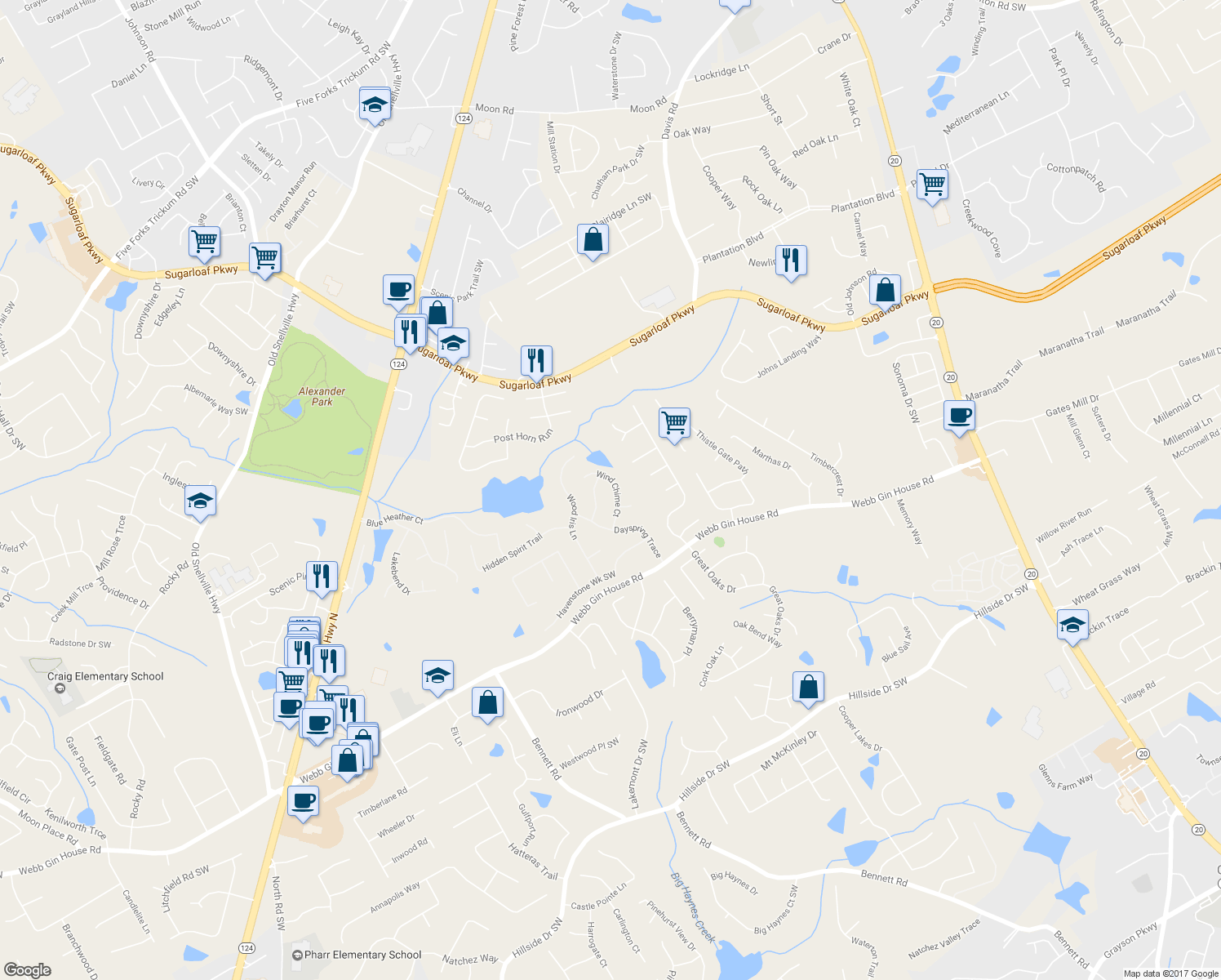map of restaurants, bars, coffee shops, grocery stores, and more near 1417 Wind Chime Court in Lawrenceville