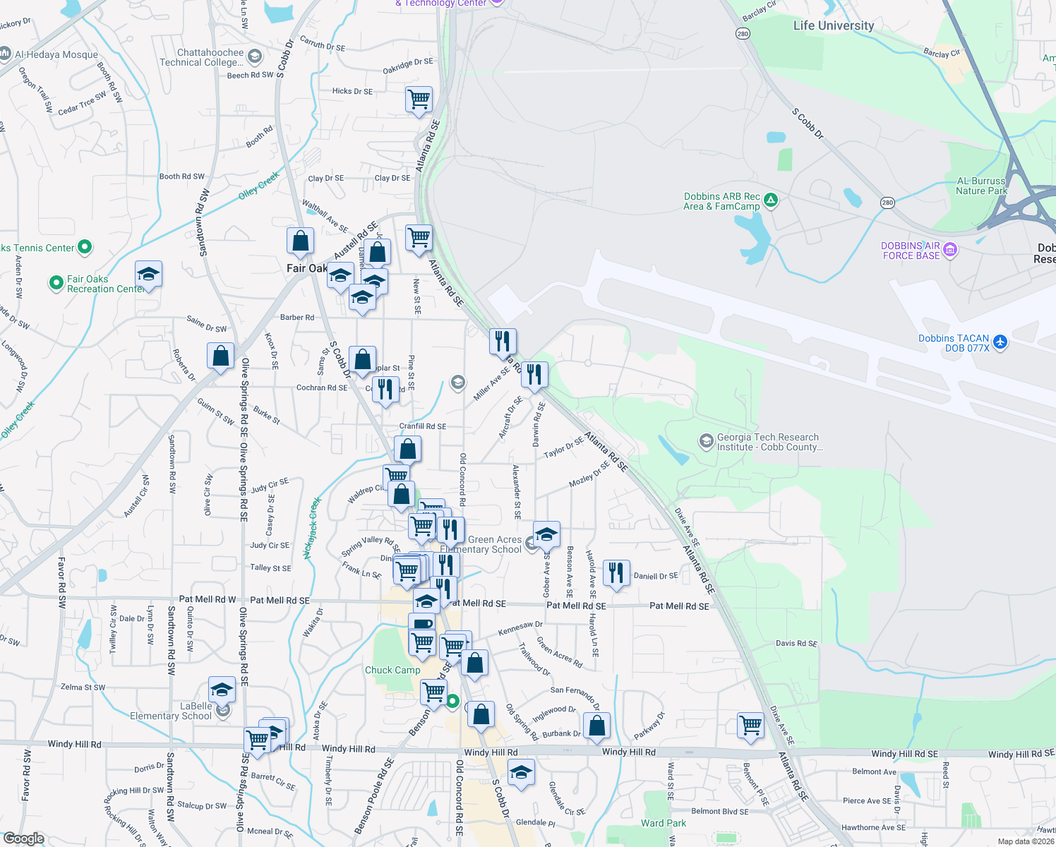 map of restaurants, bars, coffee shops, grocery stores, and more near 1717 Aircraft Drive Southeast in Marietta