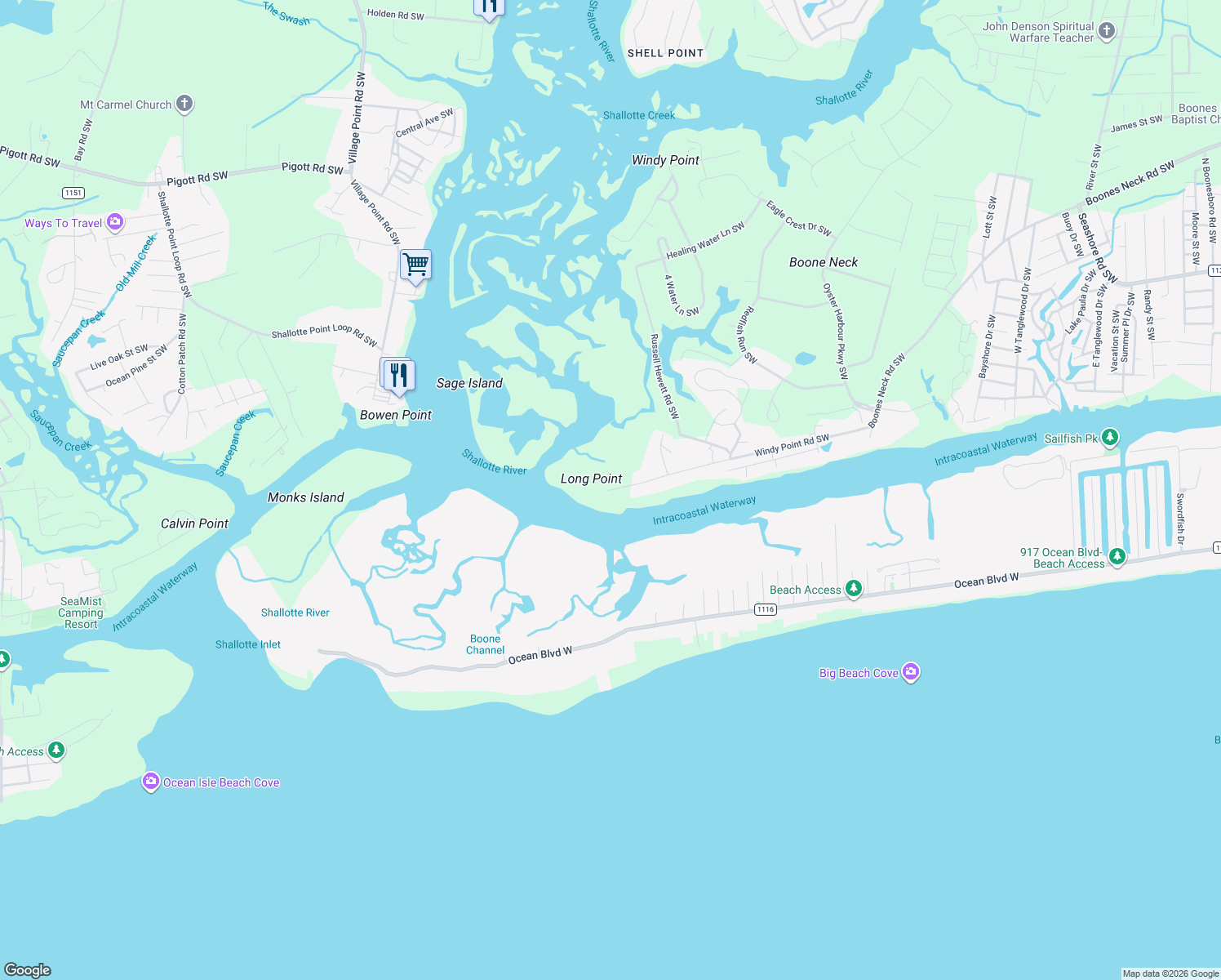 map of restaurants, bars, coffee shops, grocery stores, and more near 3899 Windy Point Rd SW in Brunswick