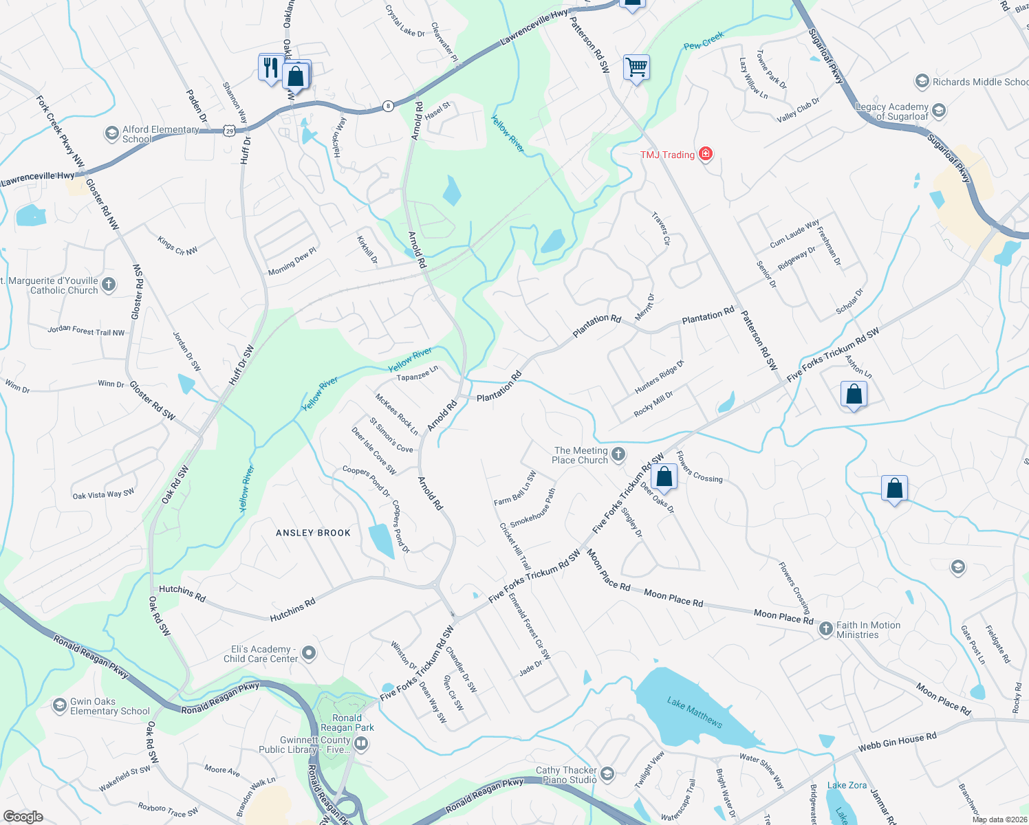 map of restaurants, bars, coffee shops, grocery stores, and more near 441 Battersea Drive in Lawrenceville