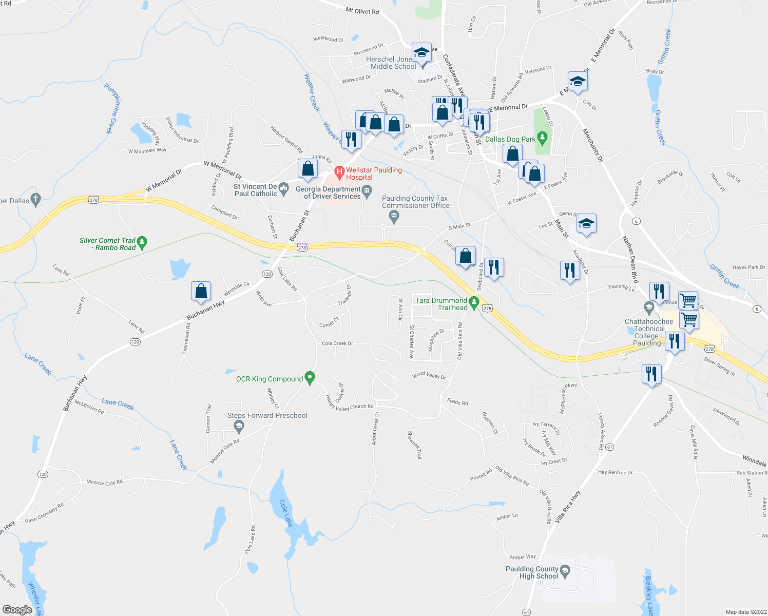 map of restaurants, bars, coffee shops, grocery stores, and more near 136 Saint Ann Circle in Dallas