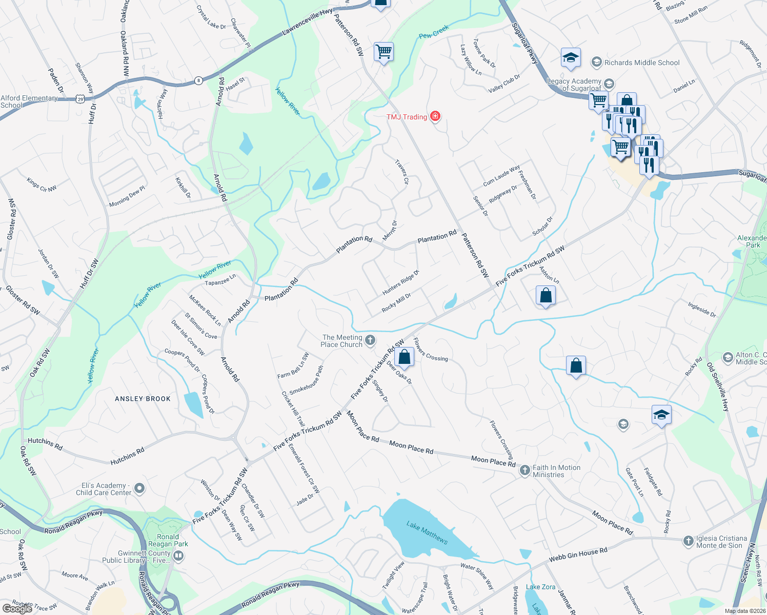 map of restaurants, bars, coffee shops, grocery stores, and more near 2121 Rocky Mill Dr in Lawrenceville