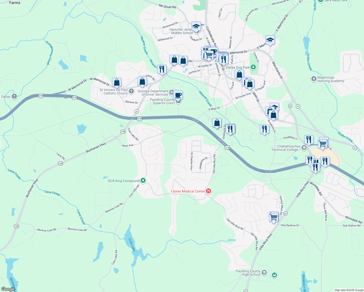 map of restaurants, bars, coffee shops, grocery stores, and more near 133 Saint Ann Circle in Dallas