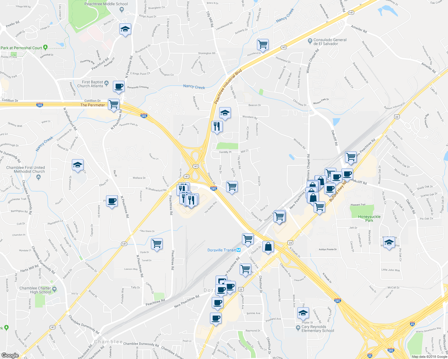 map of restaurants, bars, coffee shops, grocery stores, and more near 3984 Eula Circle in Doraville