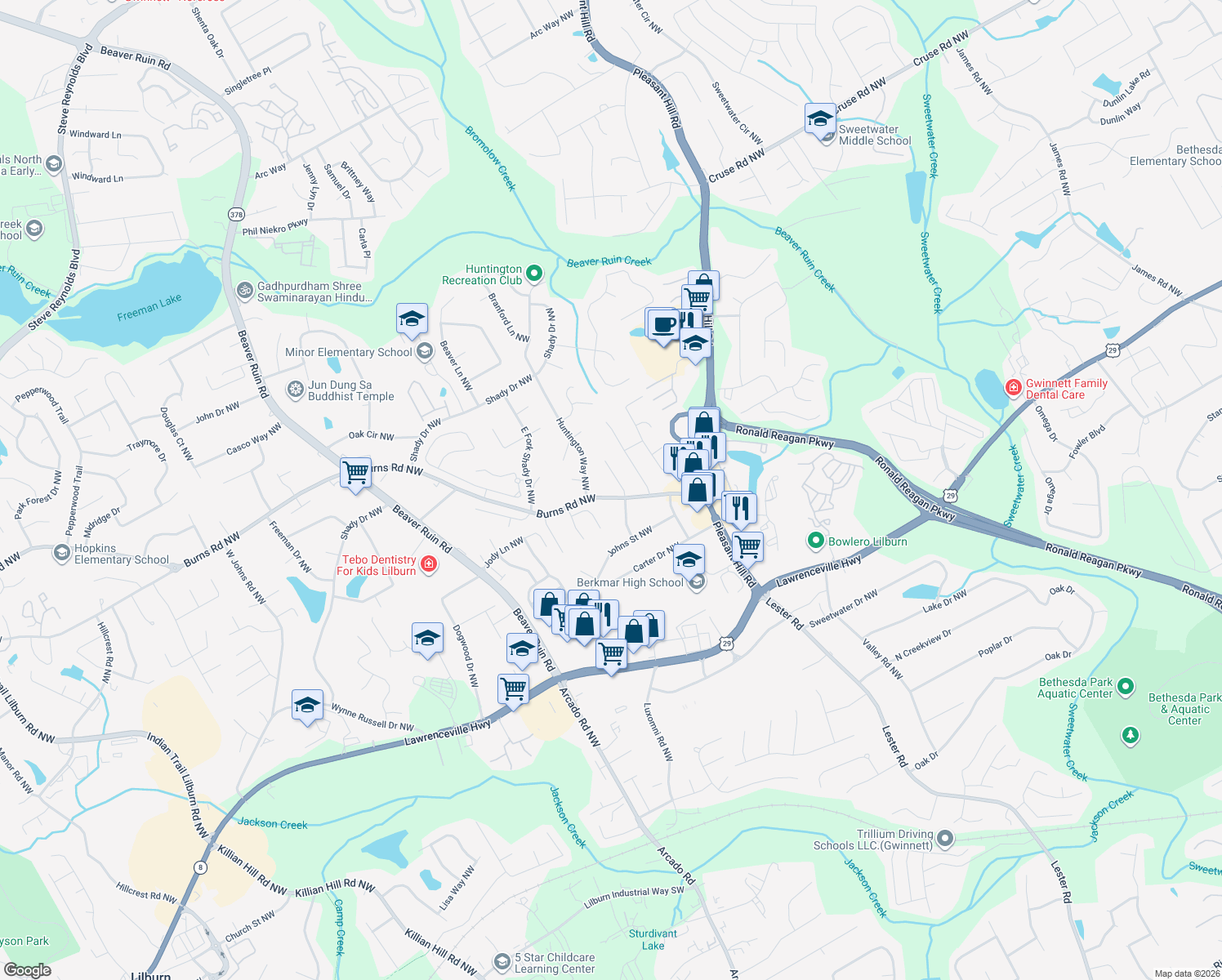 map of restaurants, bars, coffee shops, grocery stores, and more near 4017 Burns Road Northwest in Lilburn