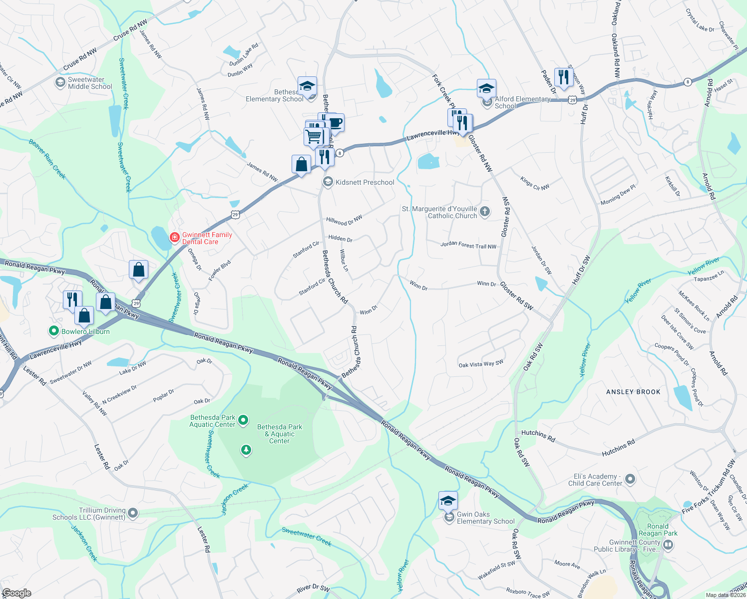 map of restaurants, bars, coffee shops, grocery stores, and more near 3081 Winn Dr in Lawrenceville
