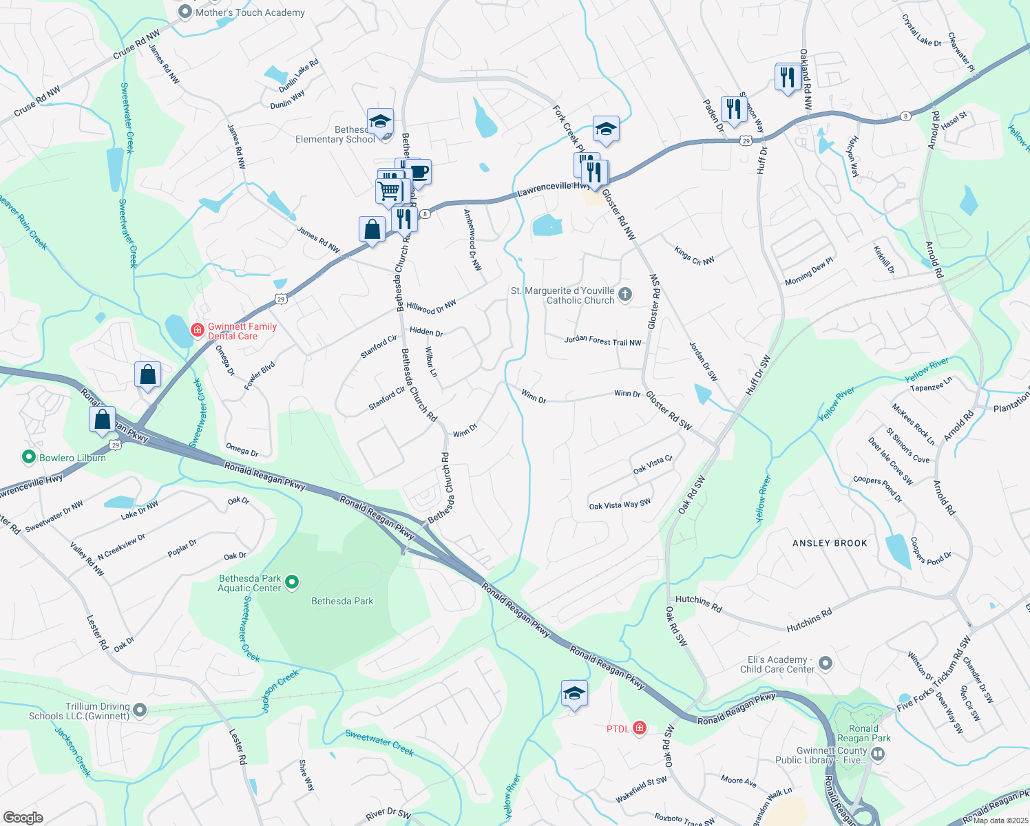 map of restaurants, bars, coffee shops, grocery stores, and more near 3012 Dempsey Place in Lawrenceville