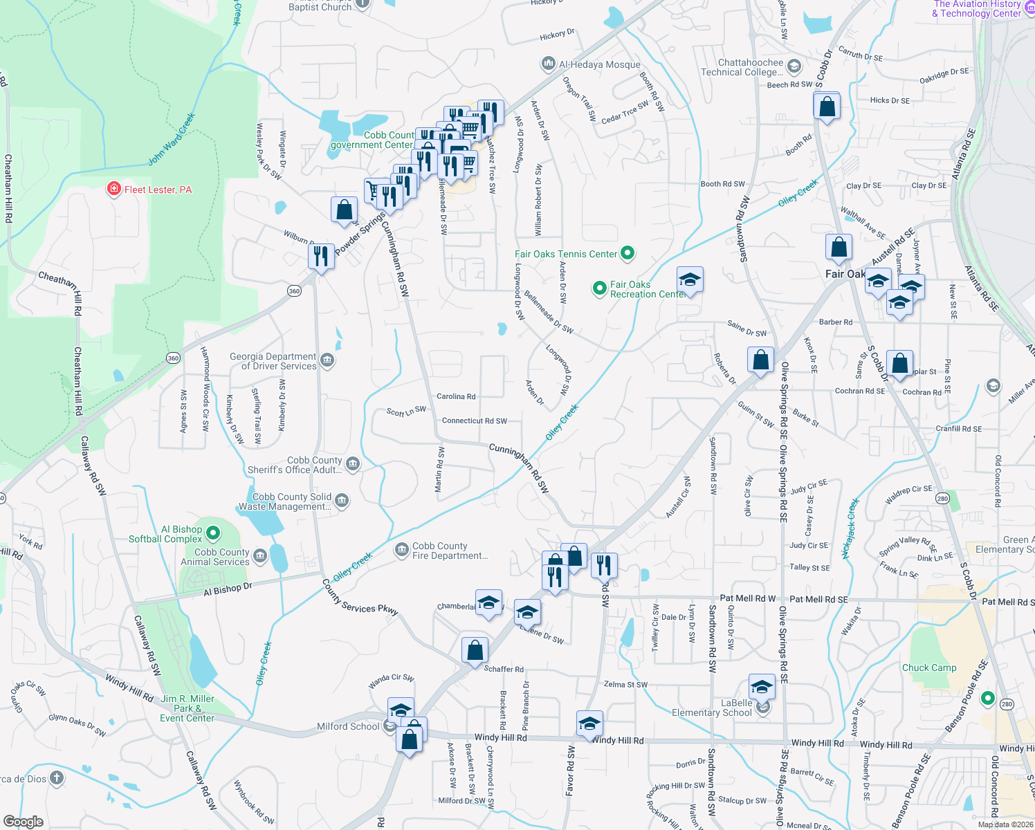 map of restaurants, bars, coffee shops, grocery stores, and more near 584 Connecticut Rd SW in Marietta