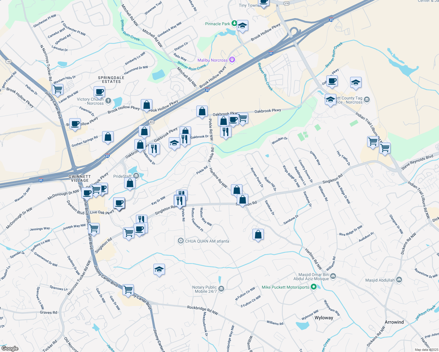 map of restaurants, bars, coffee shops, grocery stores, and more near 1502 Harbins Road Northwest in Norcross