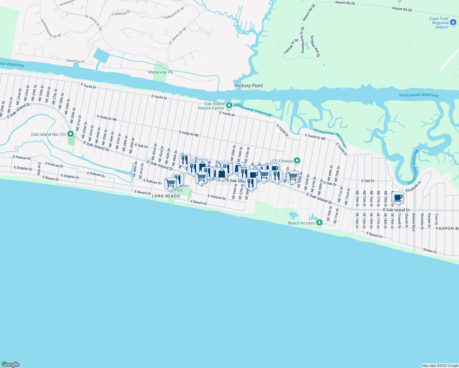 map of restaurants, bars, coffee shops, grocery stores, and more near 204 Southeast 55th Street in Oak Island