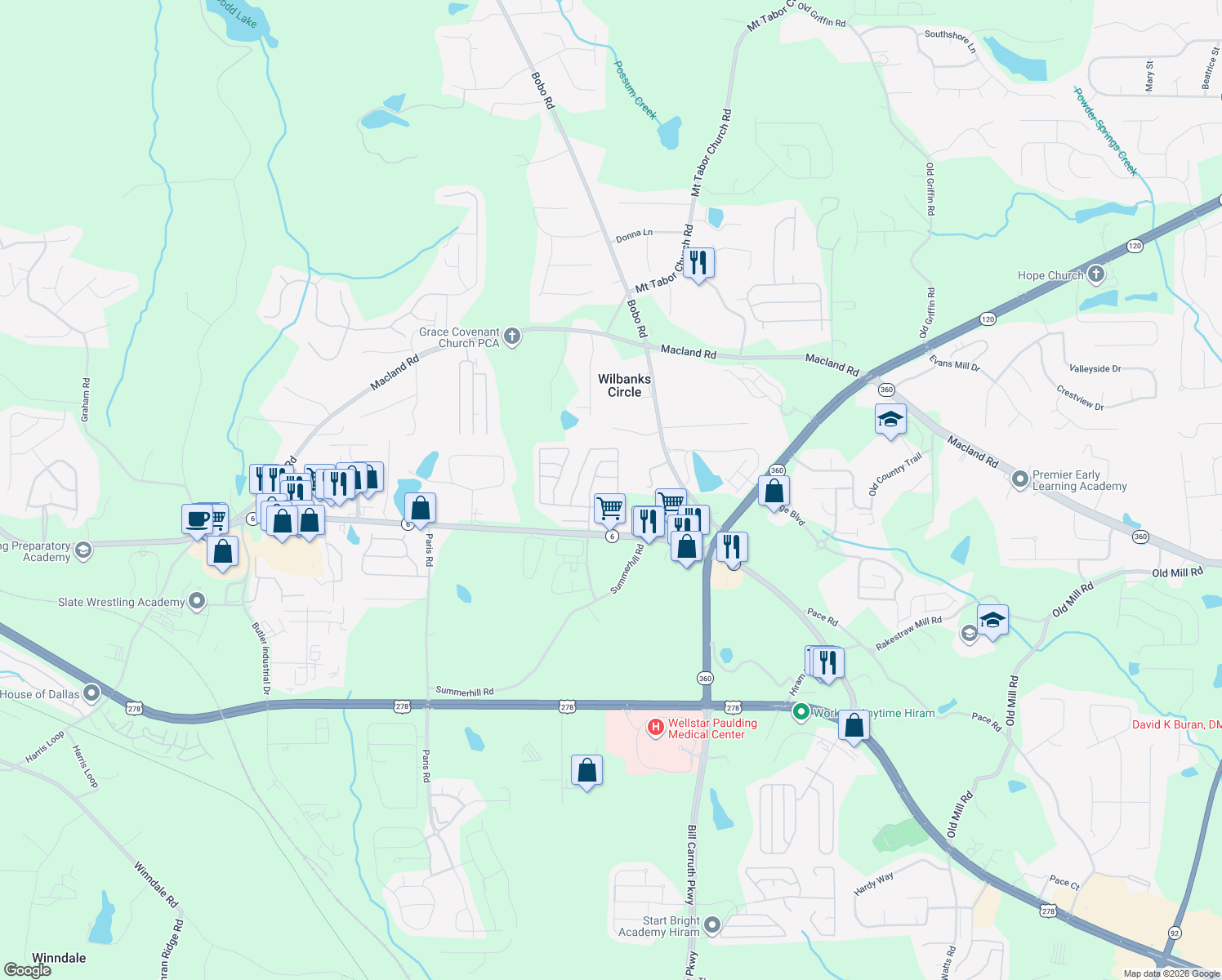 map of restaurants, bars, coffee shops, grocery stores, and more near 99 Slate Dr in Dallas