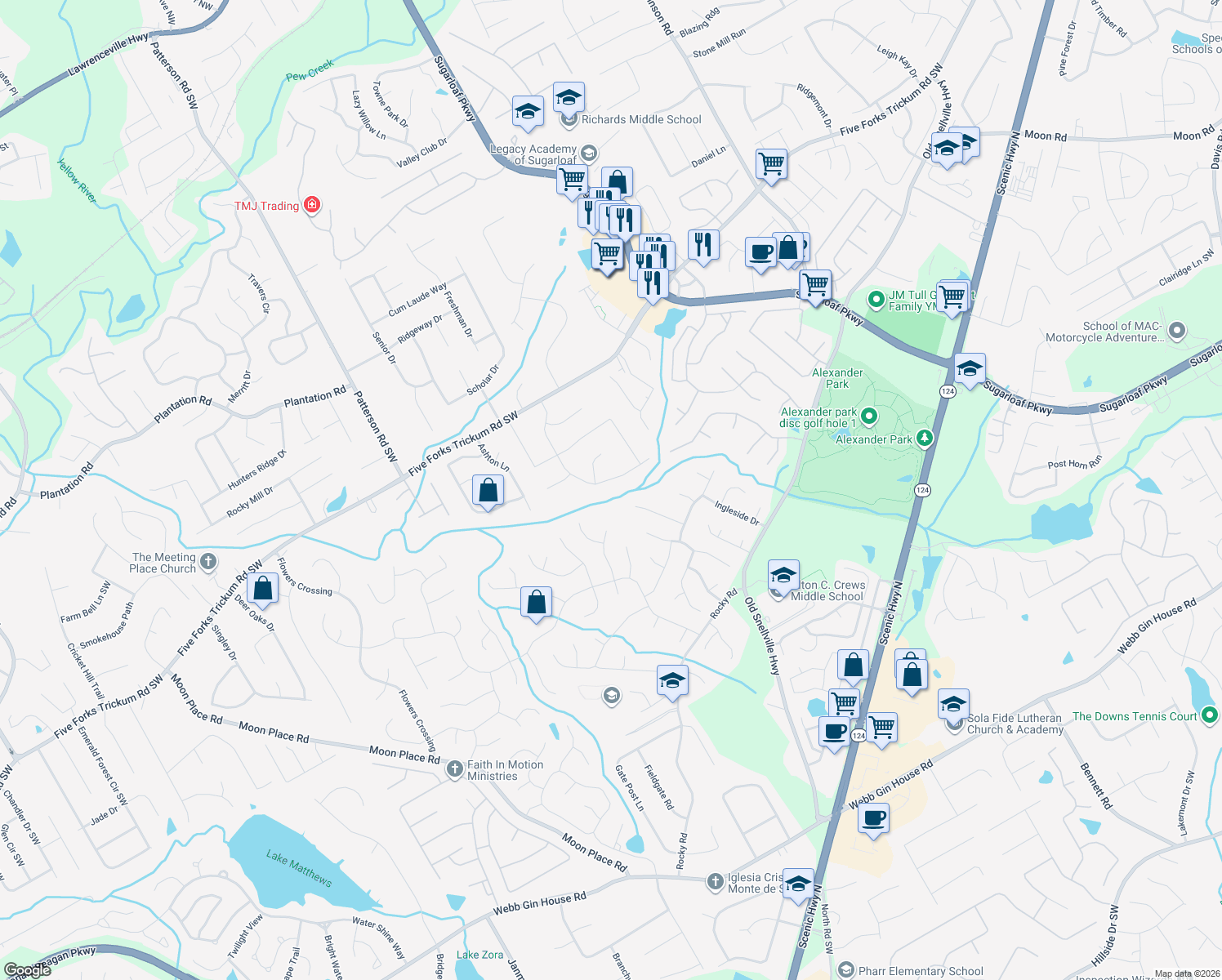 map of restaurants, bars, coffee shops, grocery stores, and more near 775 Oxford Hall Drive Southwest in Lawrenceville