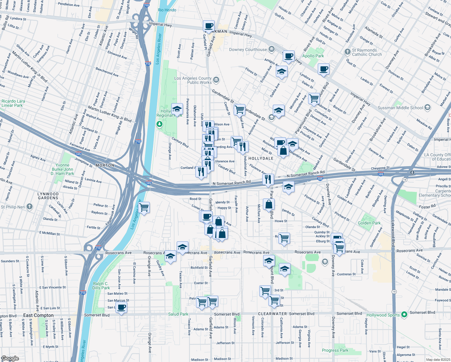 map of restaurants, bars, coffee shops, grocery stores, and more near 13754 Fairlock Avenue in Paramount