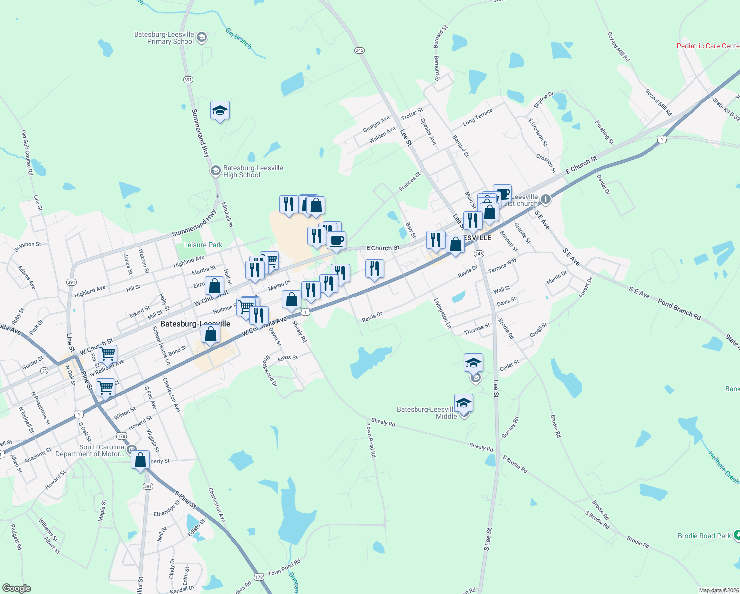 map of restaurants, bars, coffee shops, grocery stores, and more near 220 East Columbia Avenue in Batesburg-Leesville