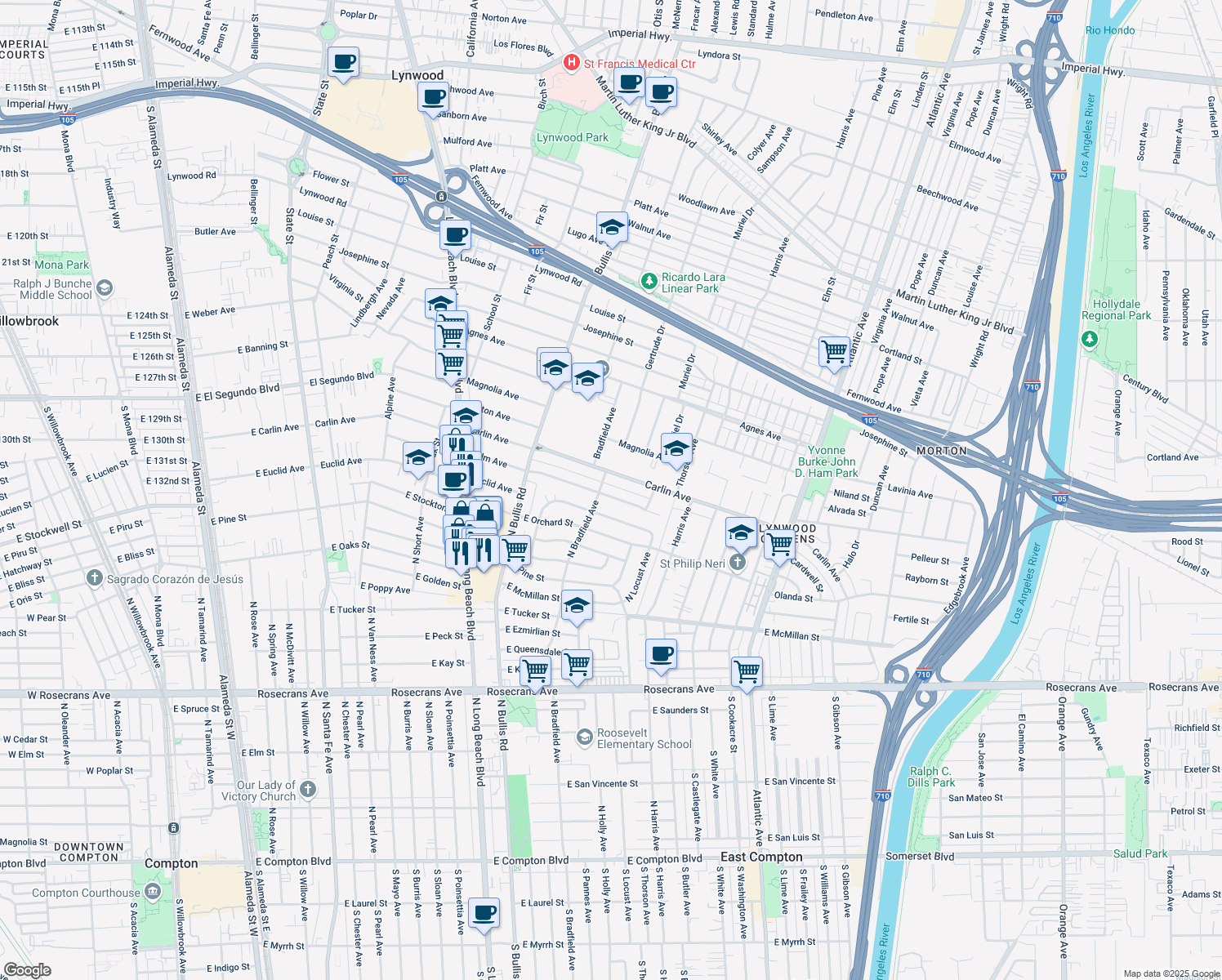 map of restaurants, bars, coffee shops, grocery stores, and more near 3909 Palm Avenue in Lynwood