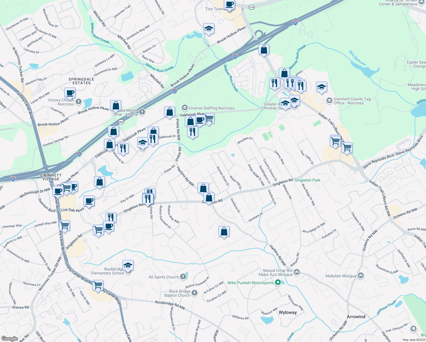 map of restaurants, bars, coffee shops, grocery stores, and more near 5525 Caesars Way in Norcross