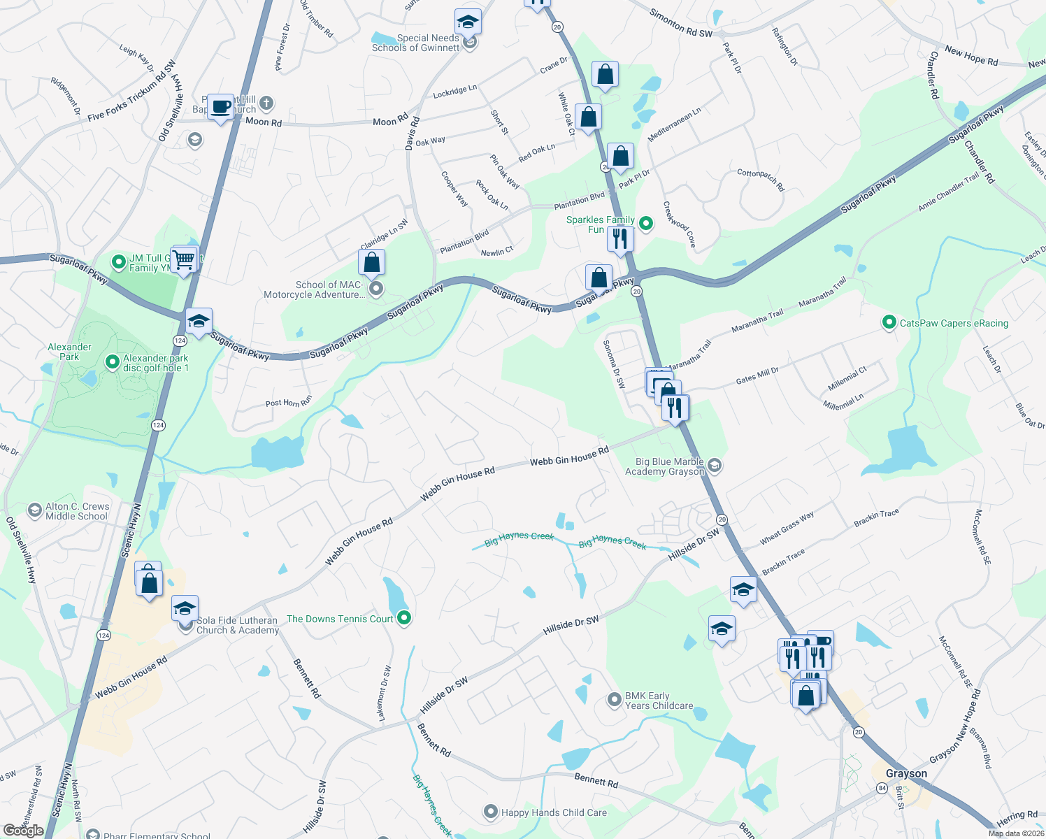 map of restaurants, bars, coffee shops, grocery stores, and more near 1311 Timbercrest Dr in Lawrenceville