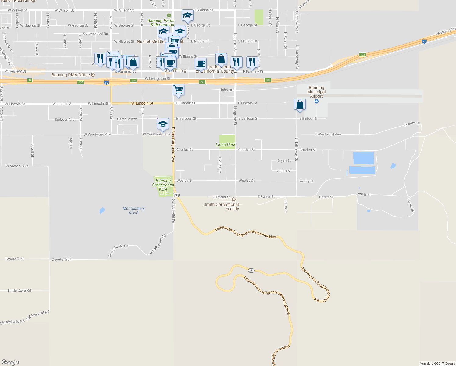 map of restaurants, bars, coffee shops, grocery stores, and more near 708 Wesley Street in Banning