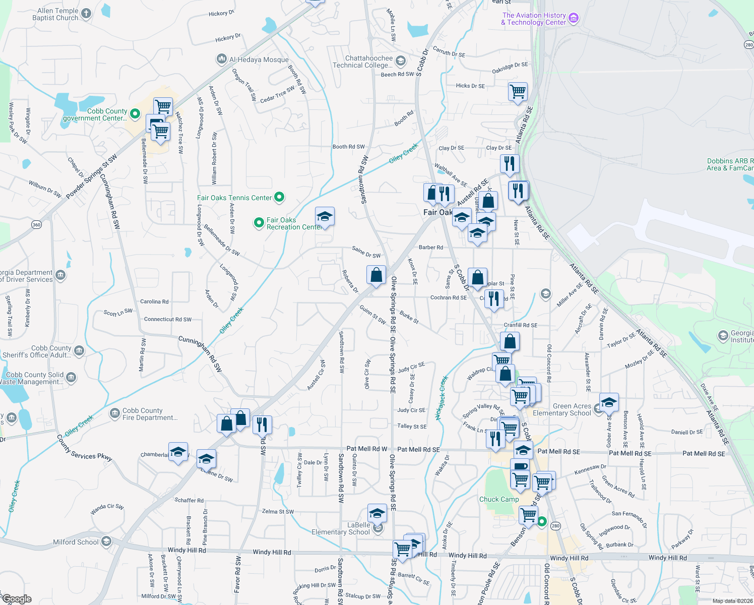 map of restaurants, bars, coffee shops, grocery stores, and more near 49 Cochran Road Southwest in Marietta