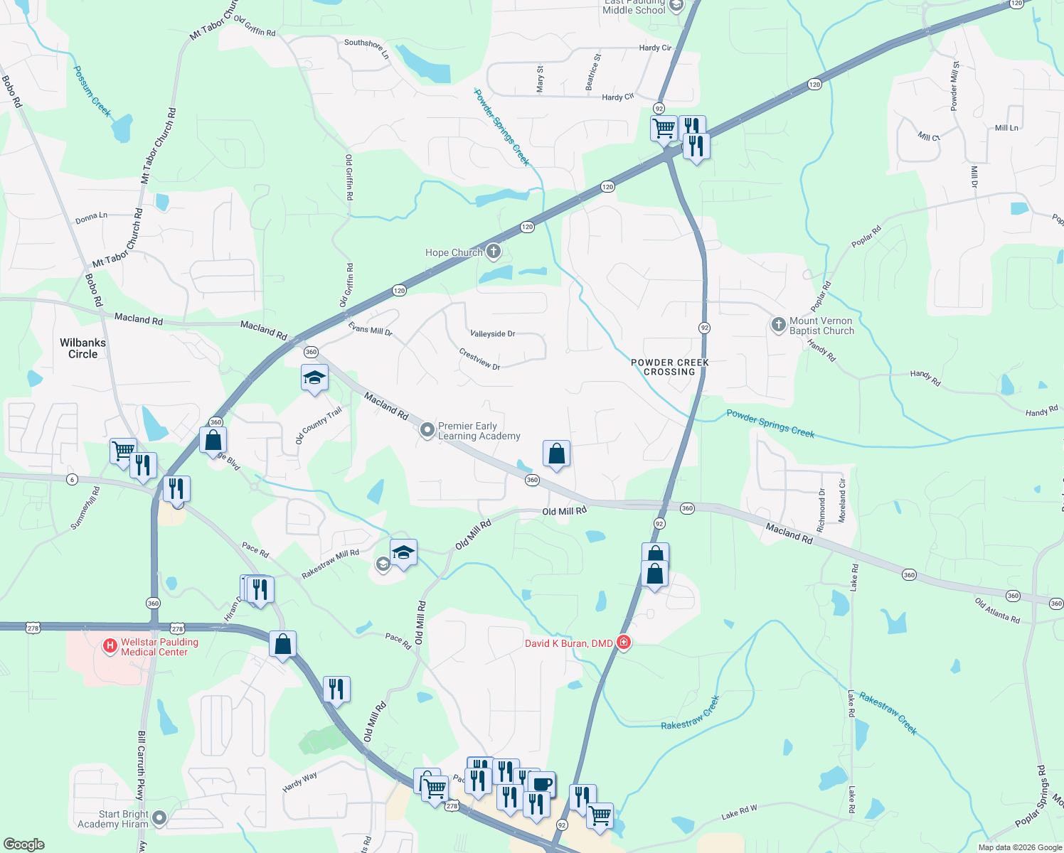 map of restaurants, bars, coffee shops, grocery stores, and more near 3089 Macland Road in Dallas