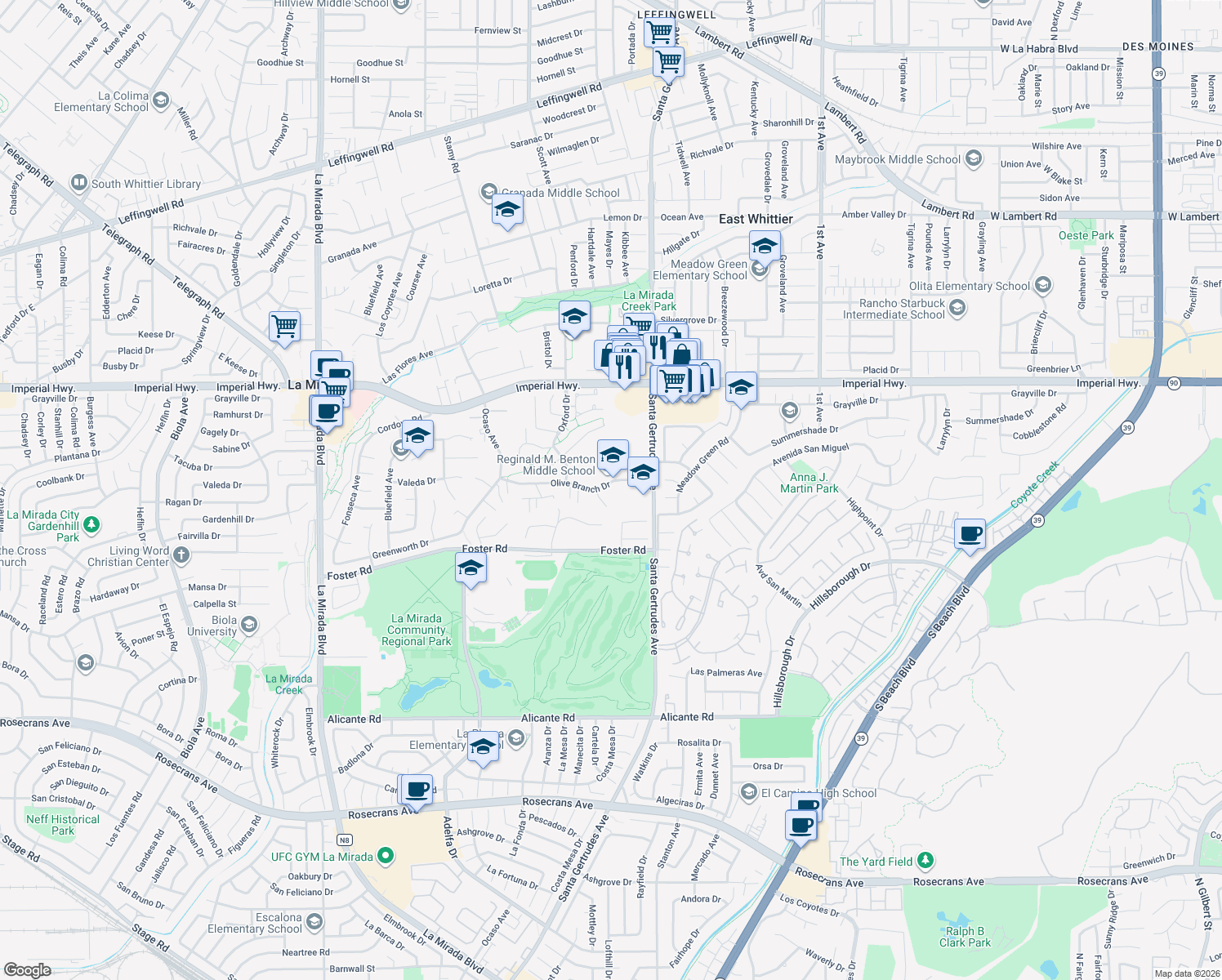 map of restaurants, bars, coffee shops, grocery stores, and more near 15676 Olive Branch Drive in La Mirada