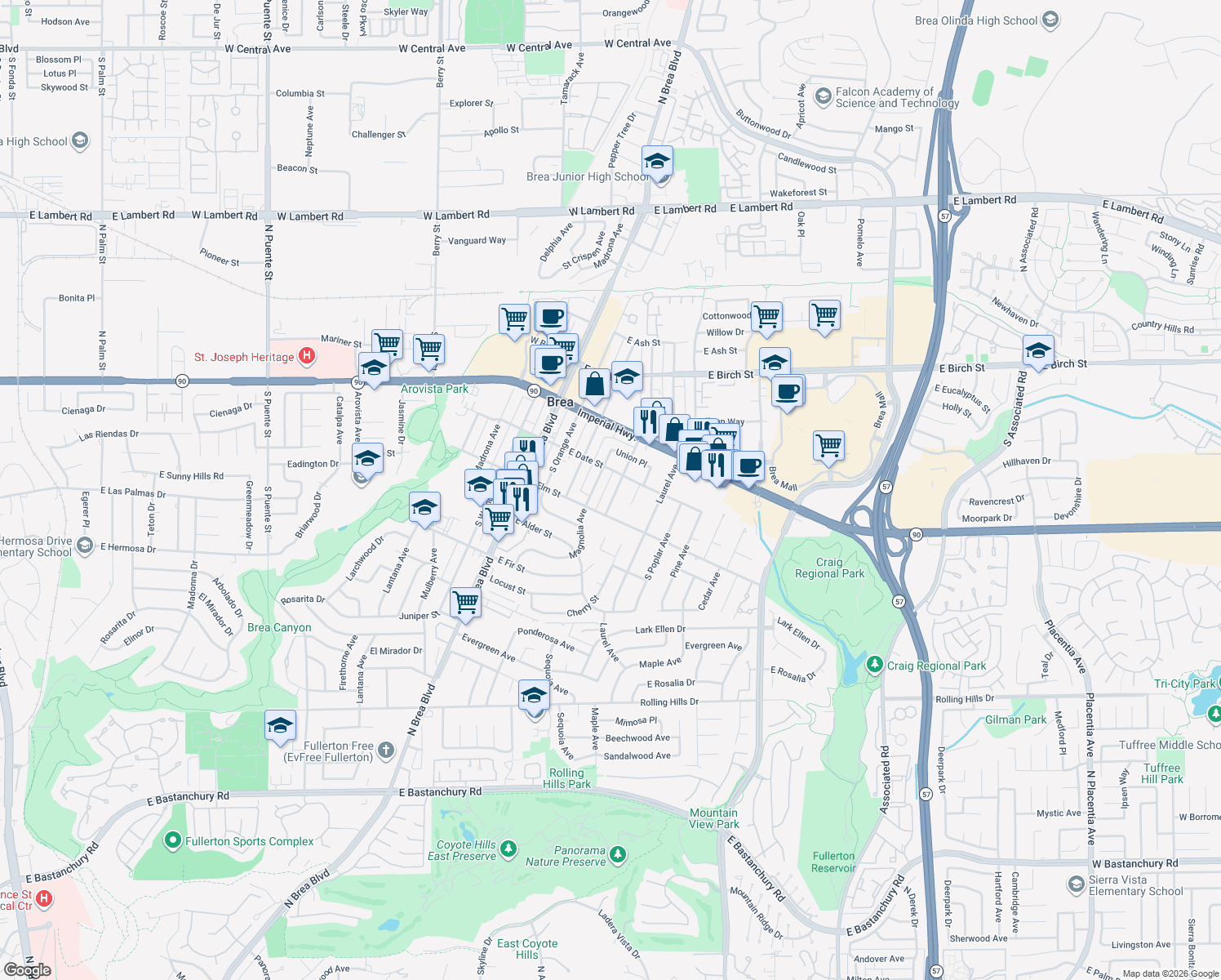 map of restaurants, bars, coffee shops, grocery stores, and more near 421 Sycamore Avenue in Brea