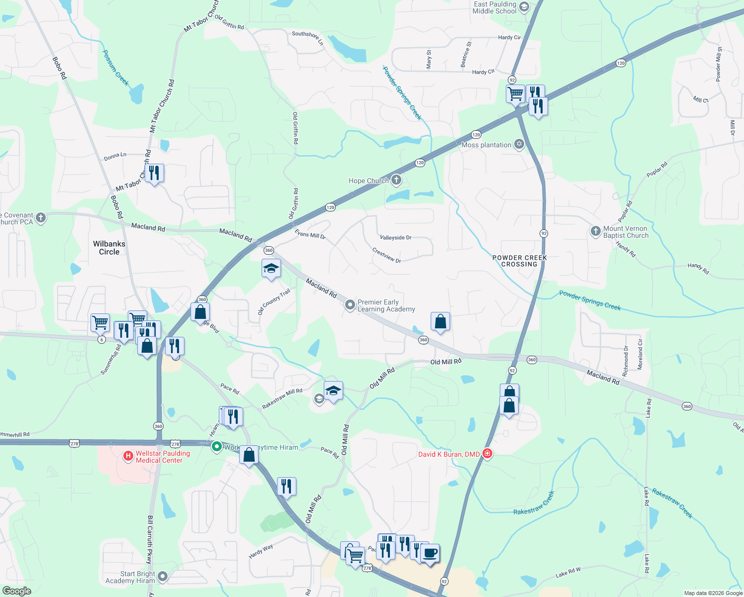 map of restaurants, bars, coffee shops, grocery stores, and more near 2805 Macland Road in Dallas