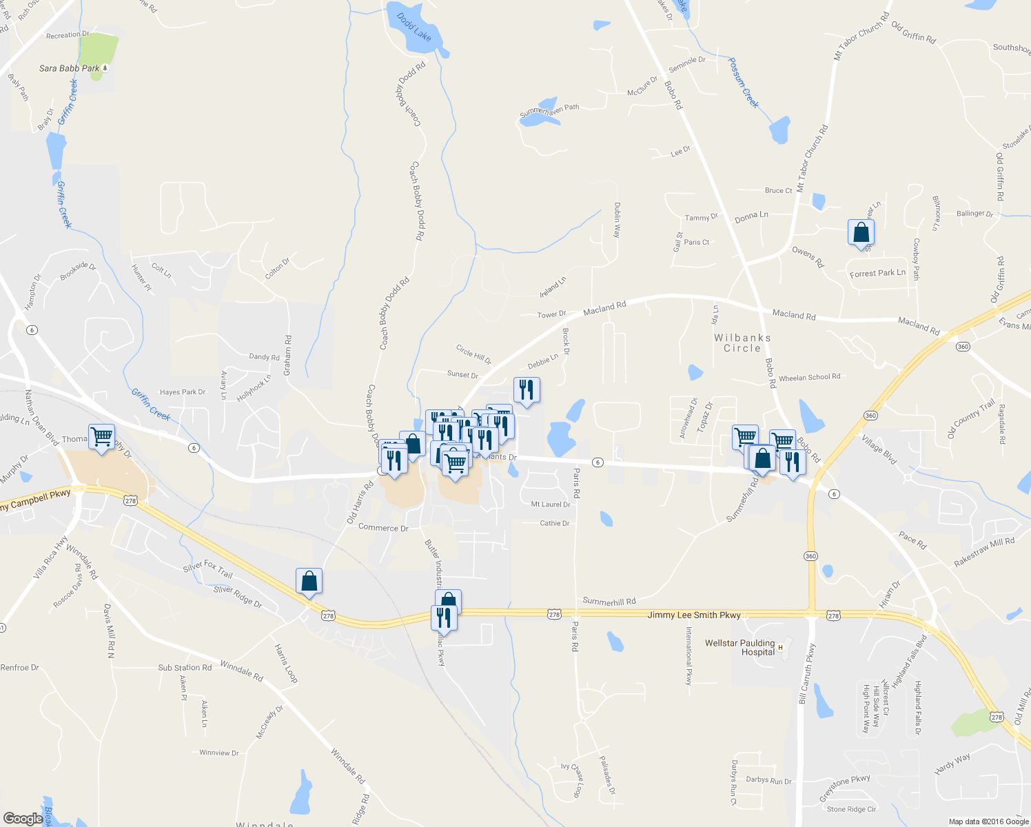 map of restaurants, bars, coffee shops, grocery stores, and more near 405 White Ingram Parkway in Dallas