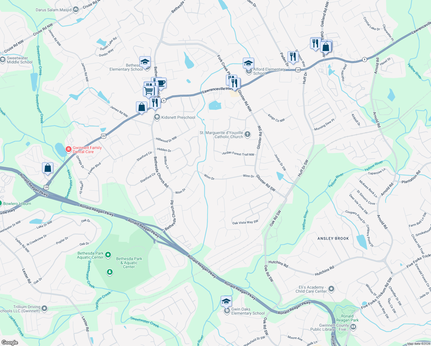 map of restaurants, bars, coffee shops, grocery stores, and more near 2961 Winn Dr in Lawrenceville
