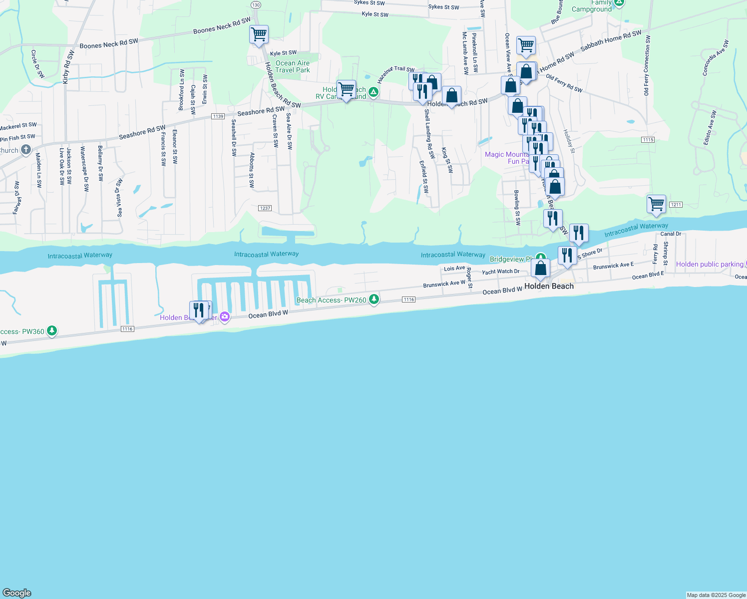 map of restaurants, bars, coffee shops, grocery stores, and more near 302 Ocean Boulevard West in Holden Beach