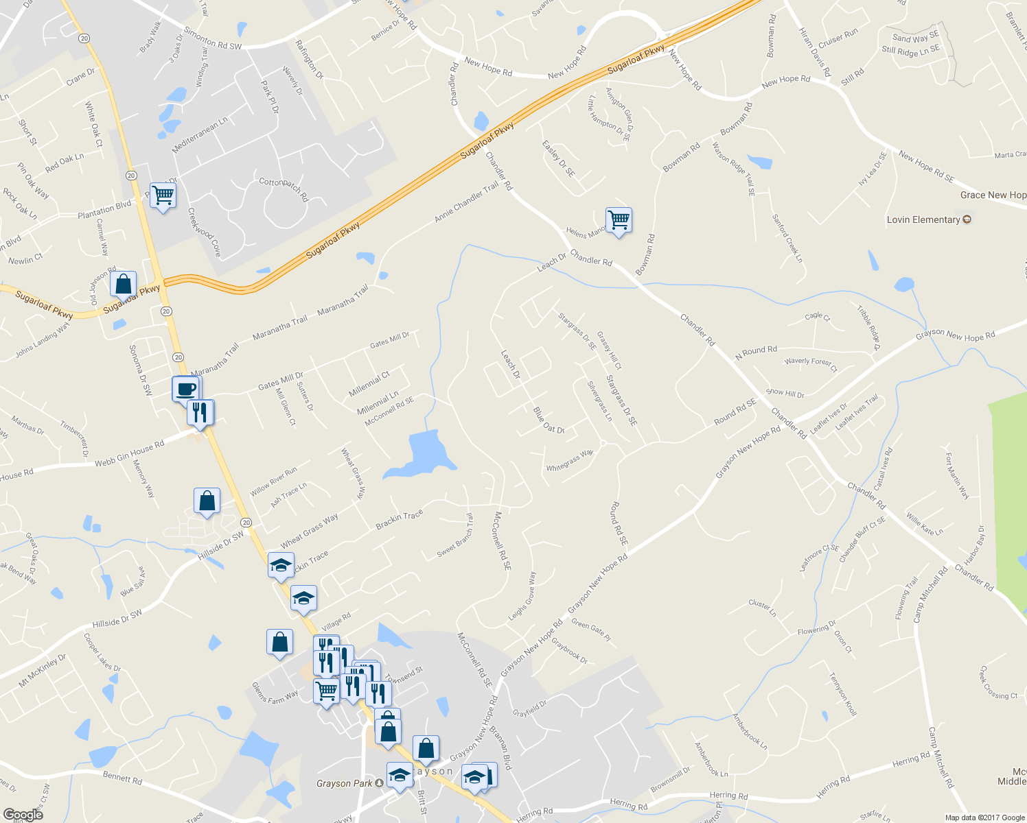 map of restaurants, bars, coffee shops, grocery stores, and more near 10 Purpletop Drive in Grayson