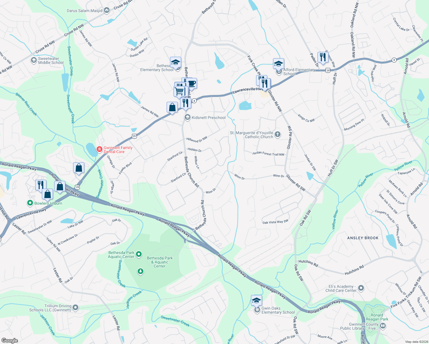map of restaurants, bars, coffee shops, grocery stores, and more near 141 Adams Mill Drive Northwest in Lawrenceville