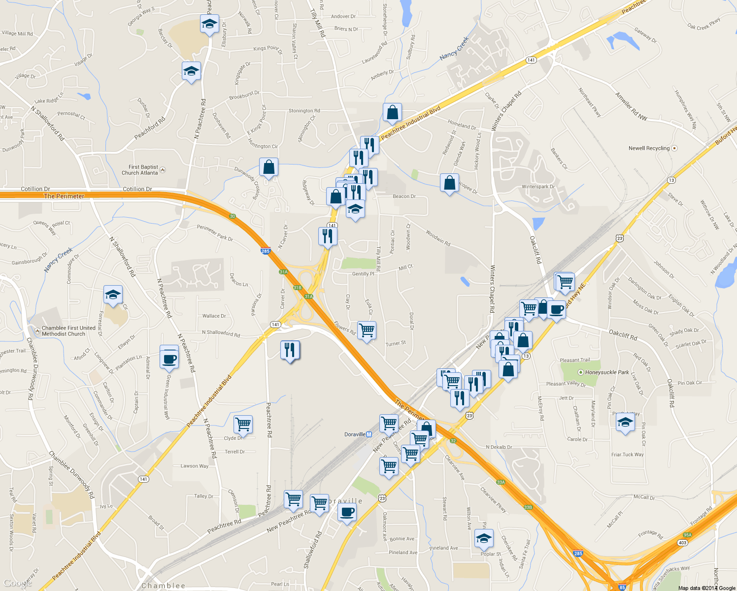 map of restaurants, bars, coffee shops, grocery stores, and more near 4079 Eula Circle in Doraville