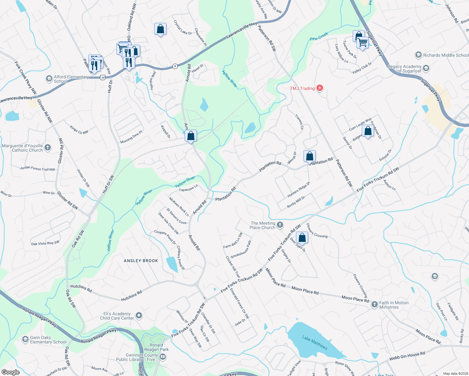 map of restaurants, bars, coffee shops, grocery stores, and more near 2182 Plantation Rd in Lawrenceville