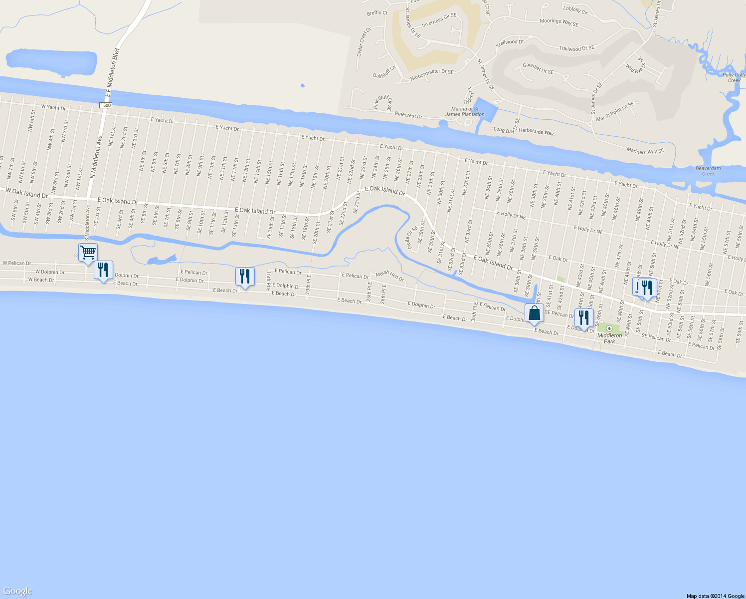 map of restaurants, bars, coffee shops, grocery stores, and more near 2504 East Beach Drive in Oak Island