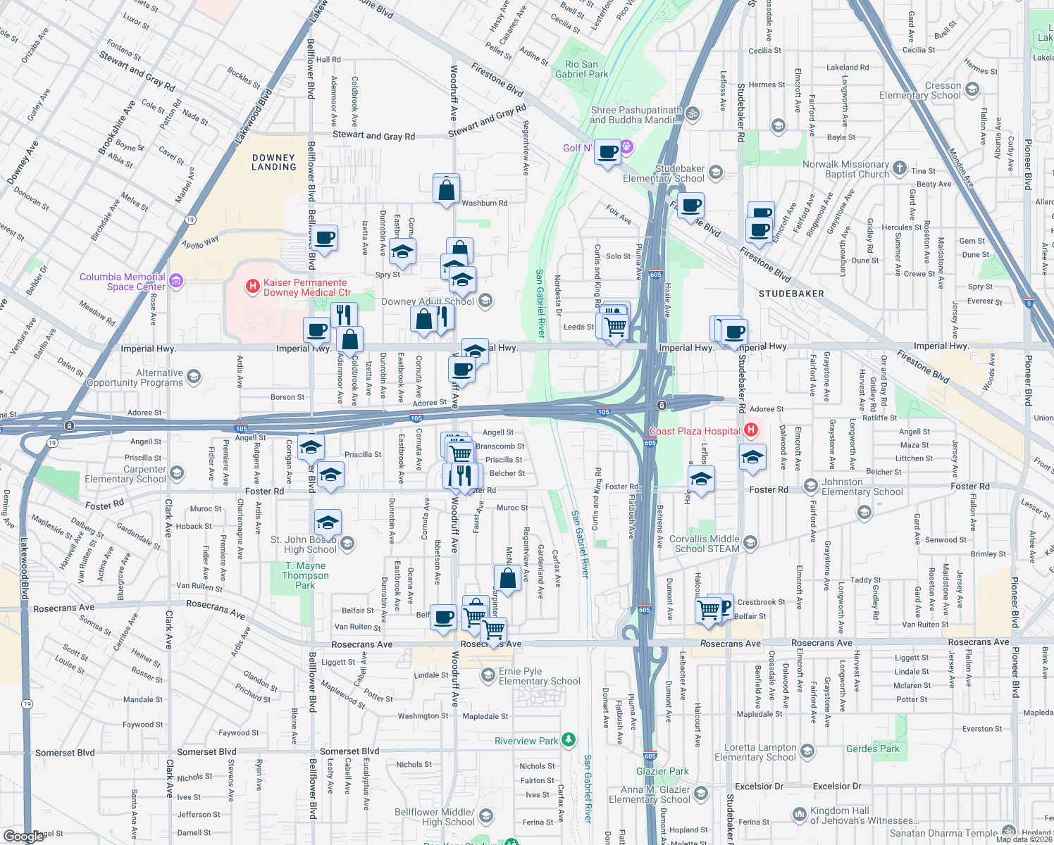 map of restaurants, bars, coffee shops, grocery stores, and more near 13008 Carfax Ave in Downey