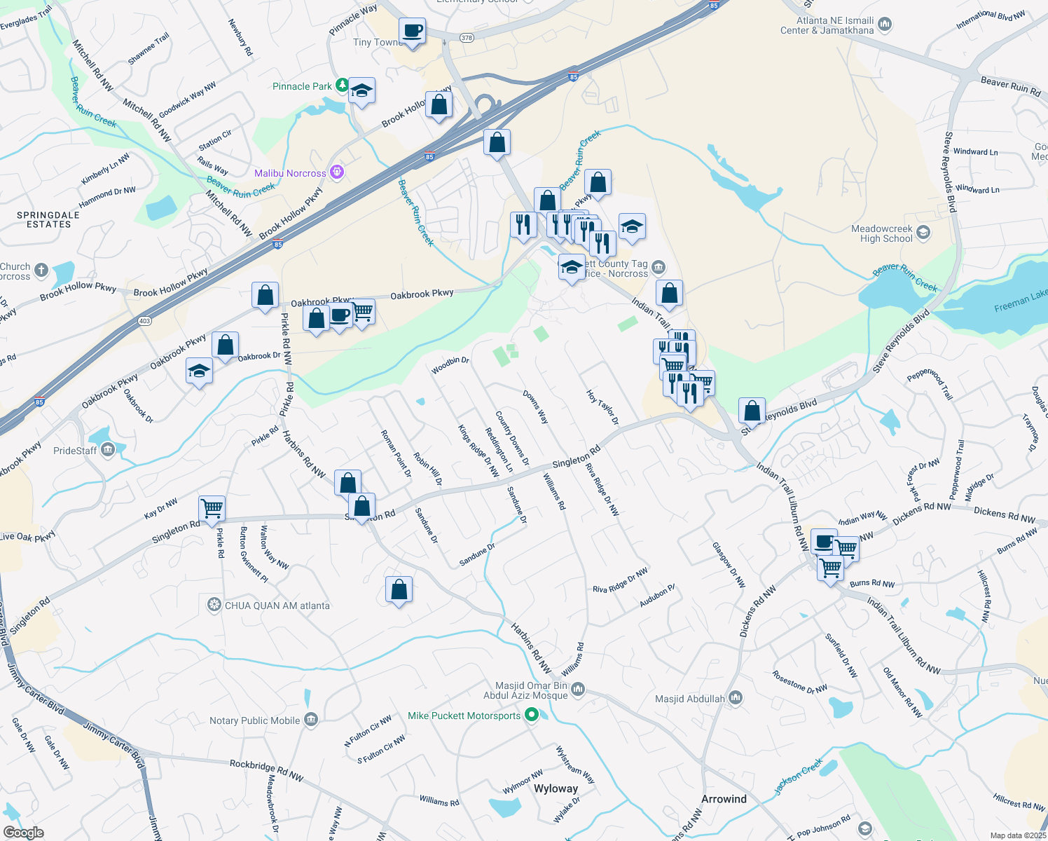 map of restaurants, bars, coffee shops, grocery stores, and more near 5262 Downs Lane Northwest in Norcross