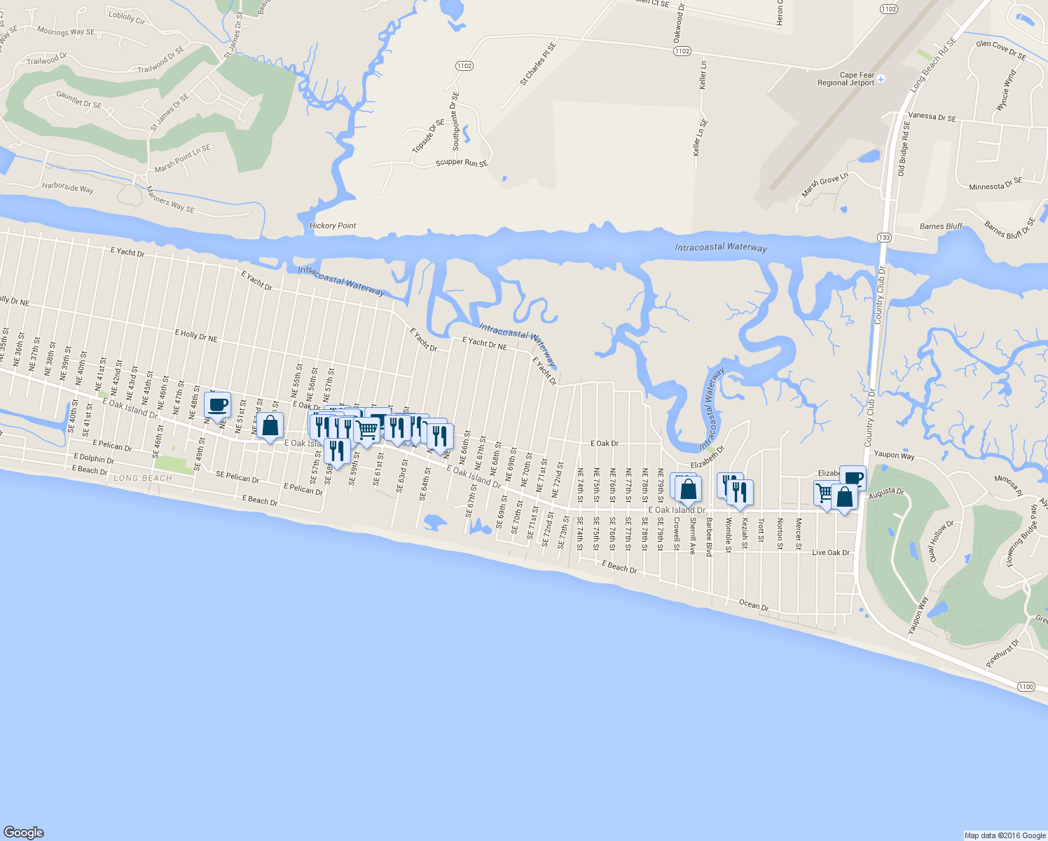map of restaurants, bars, coffee shops, grocery stores, and more near 220 Northeast 69th Street in Oak Island