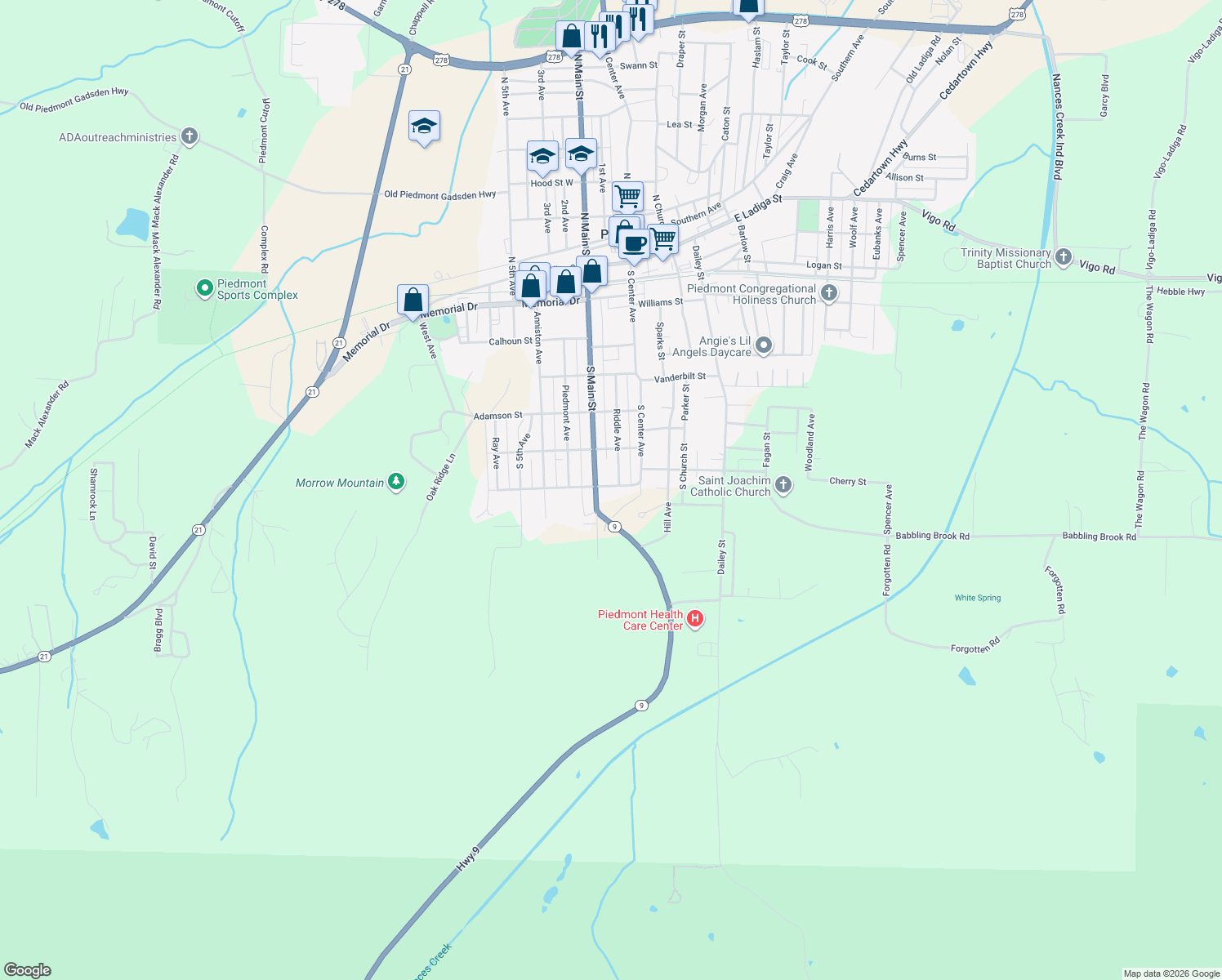 map of restaurants, bars, coffee shops, grocery stores, and more near 105 Johnson St in Piedmont
