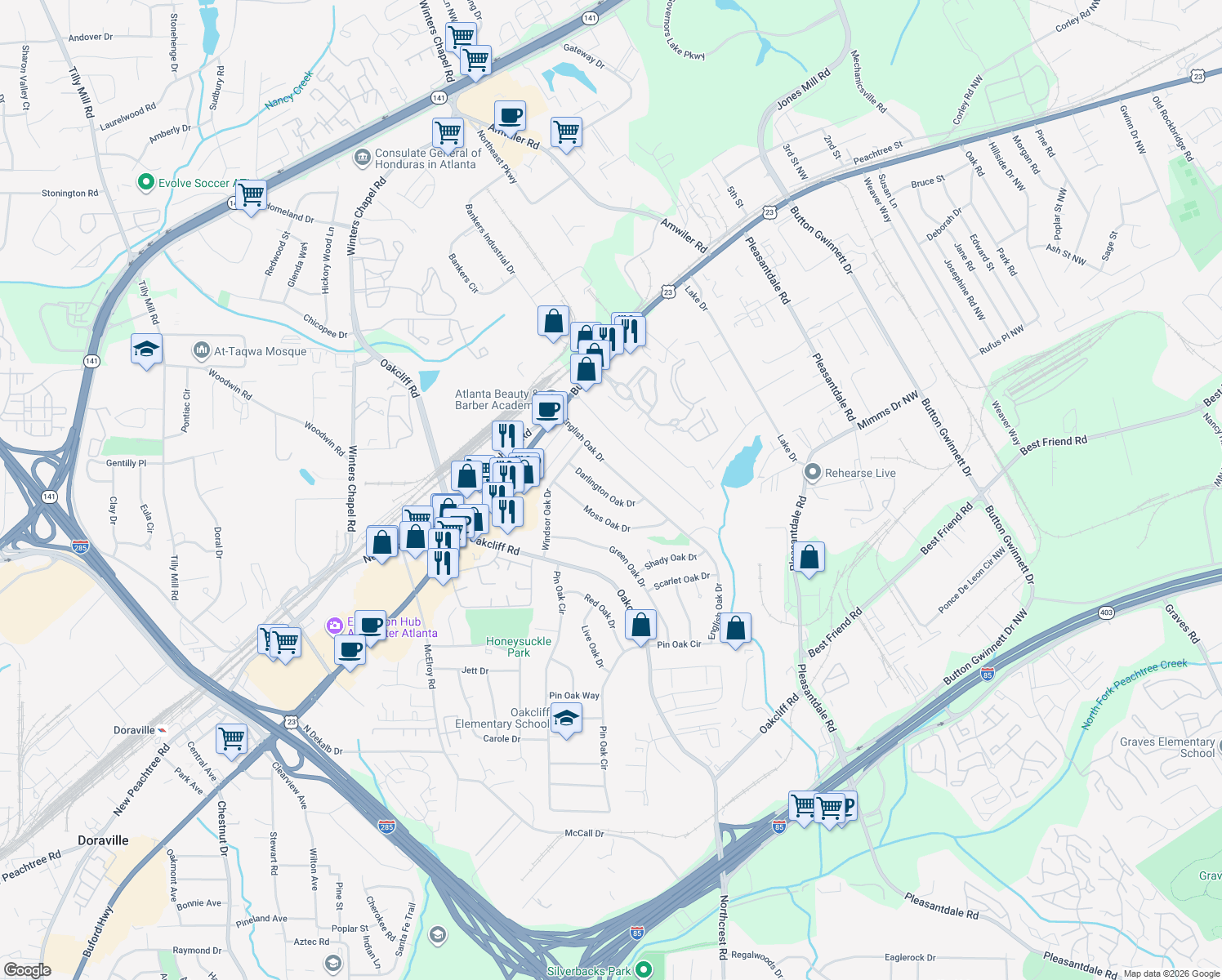 map of restaurants, bars, coffee shops, grocery stores, and more near 3194 Darlington Oak Drive in Doraville