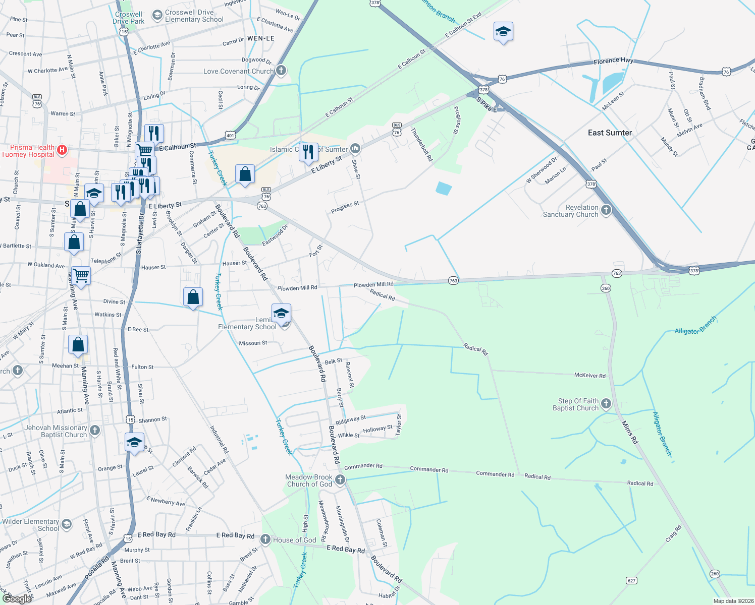 map of restaurants, bars, coffee shops, grocery stores, and more near 1100 Flamingo Road in Sumter